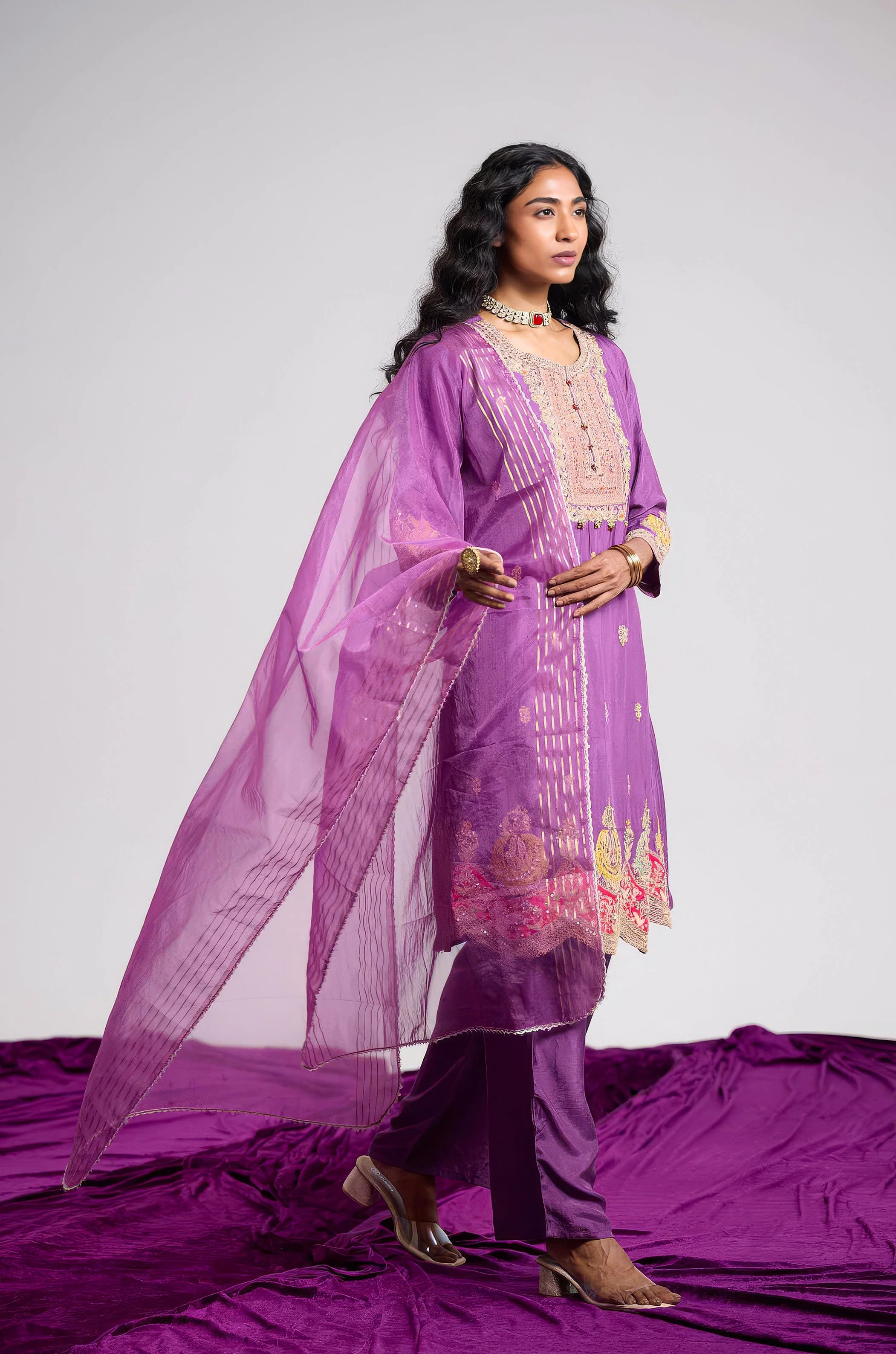 Orchid Purple Embellished Chinon Silk Pant Set - Image 5