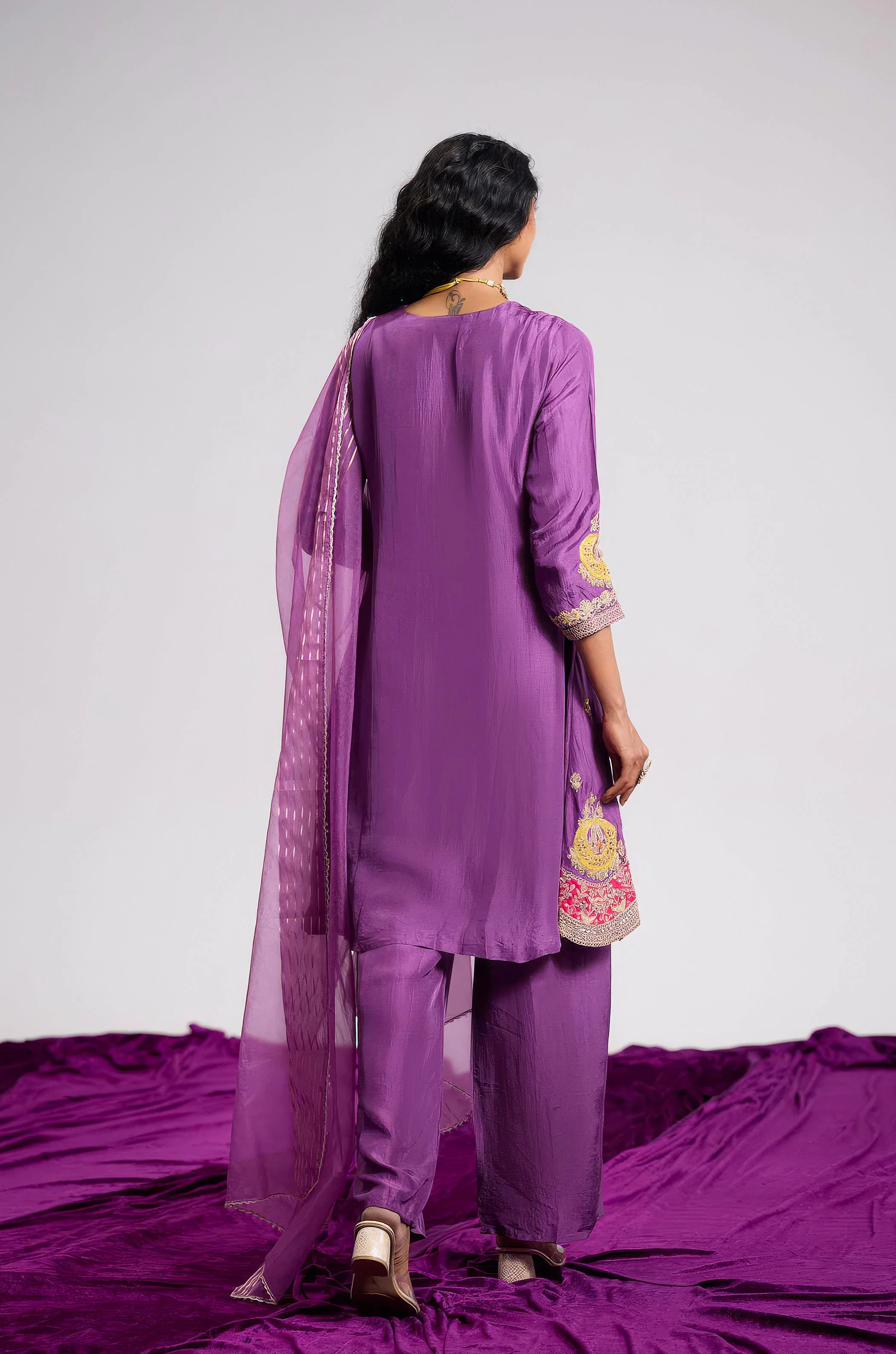 Orchid Purple Embellished Chinon Silk Pant Set - Image 6