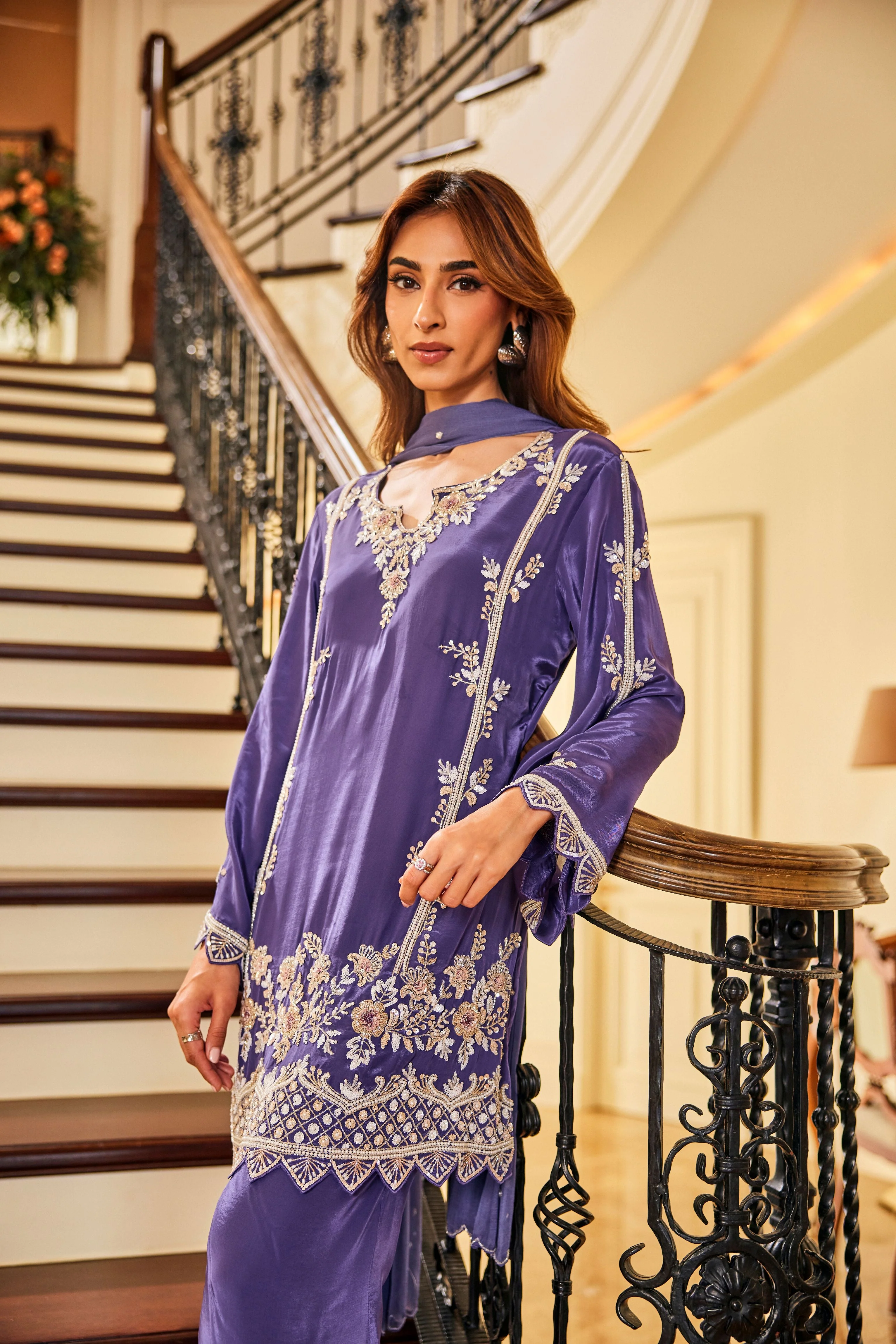 Orchid Purple Embellished Crepe Silk Palazzo Set - Image 2