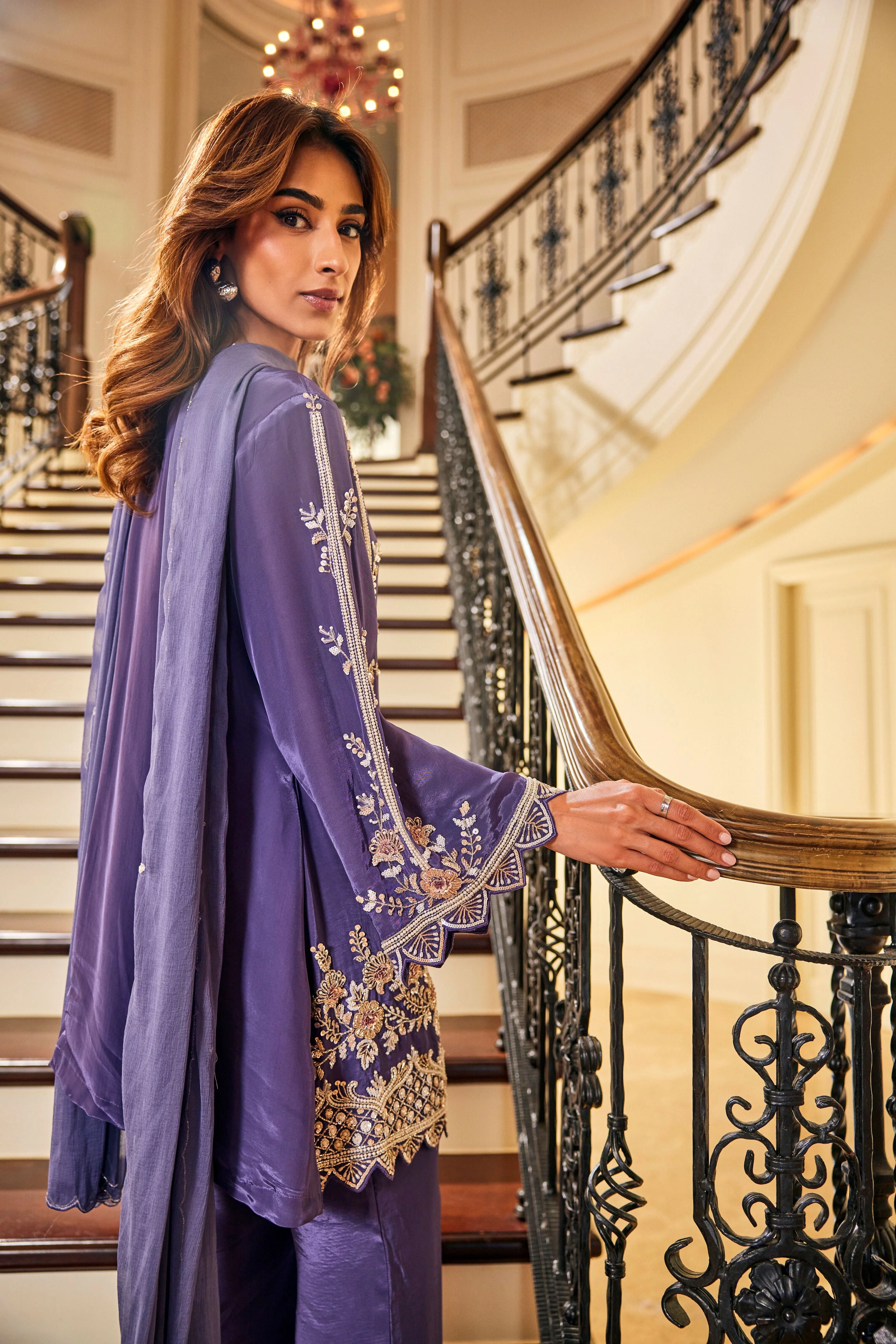 Orchid Purple Embellished Crepe Silk Palazzo Set - Image 3