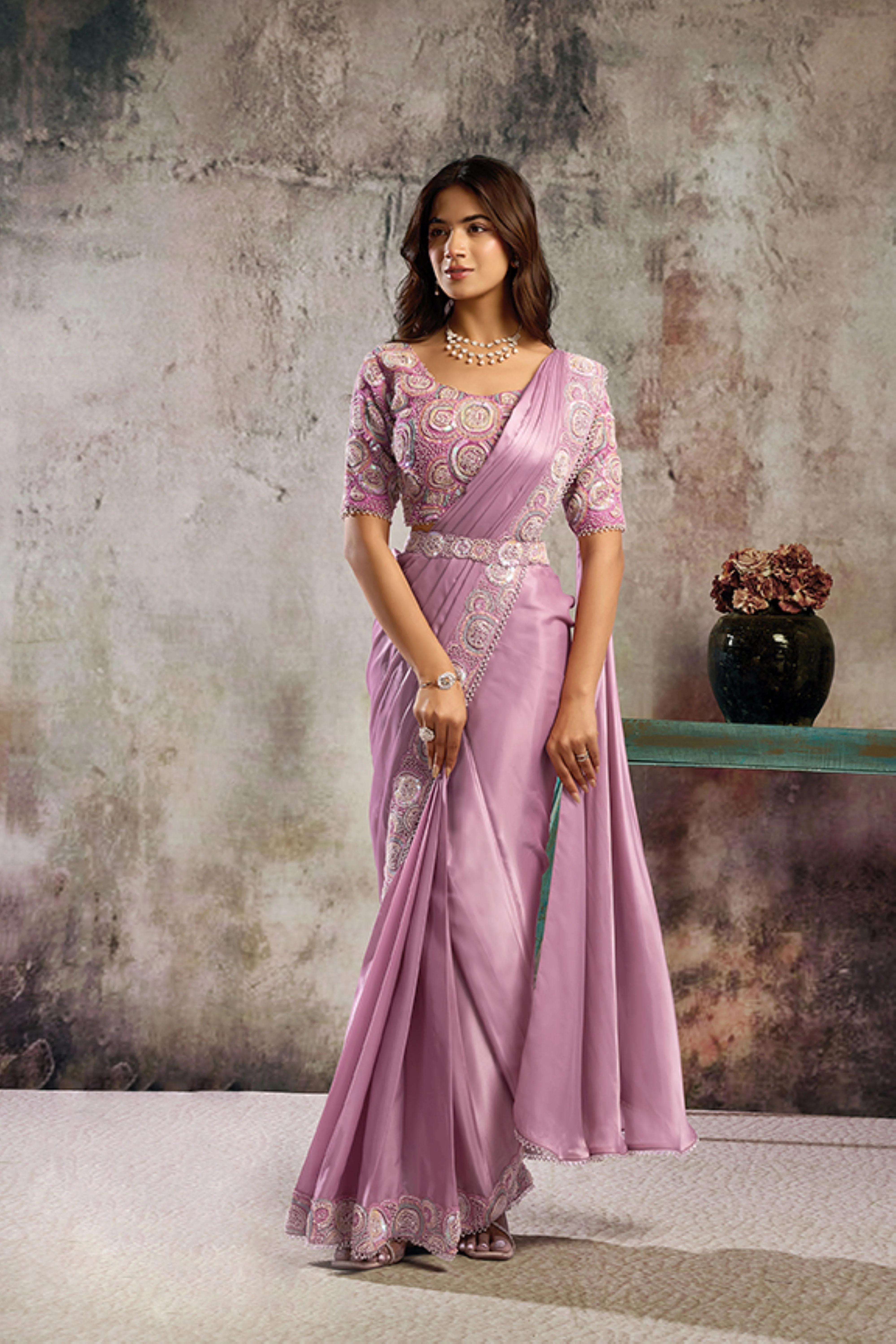 Orchid Purple Embellished Satin Silk Draped Saree