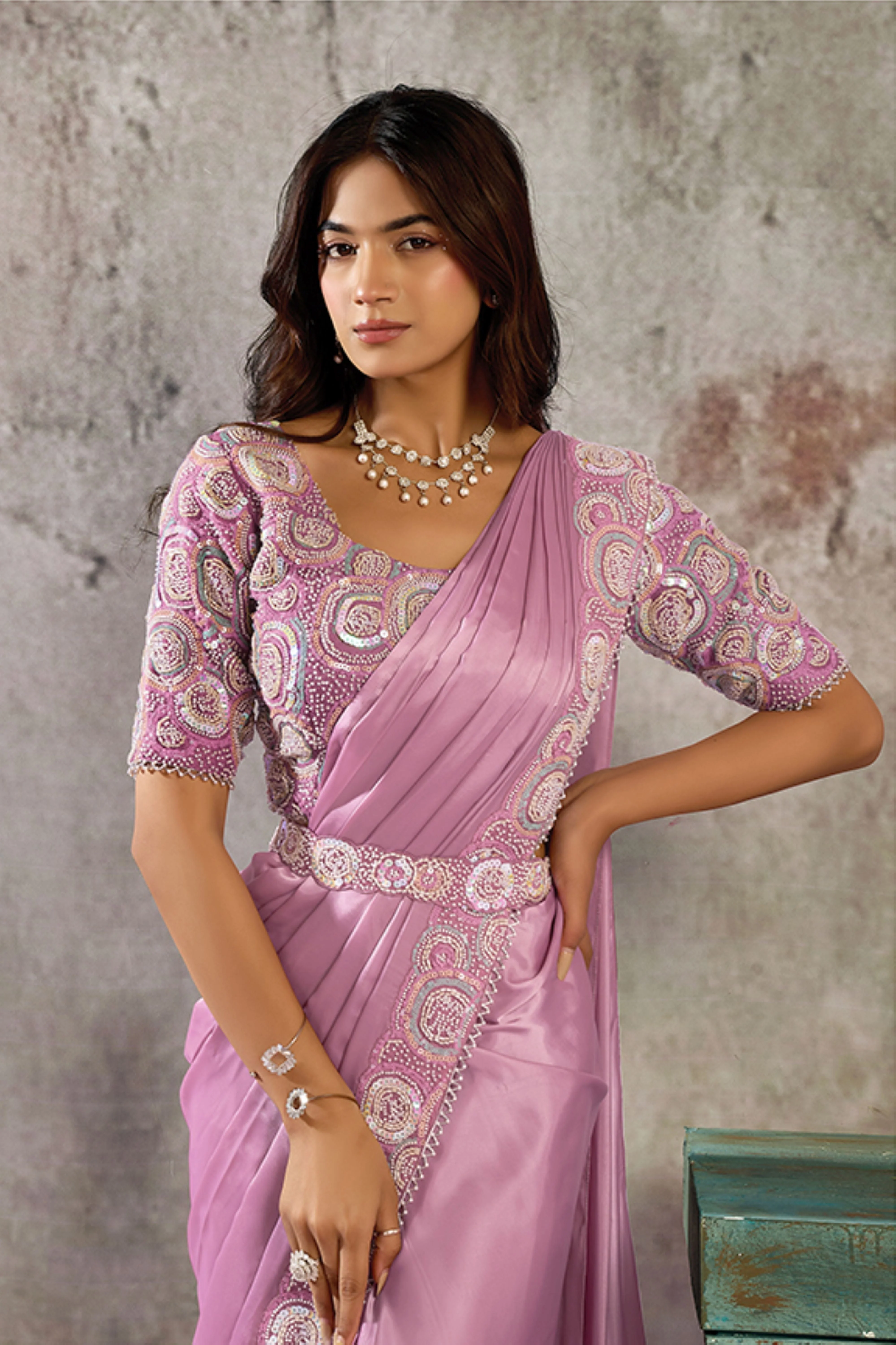 Orchid Purple Embellished Satin Silk Draped Saree - Image 3