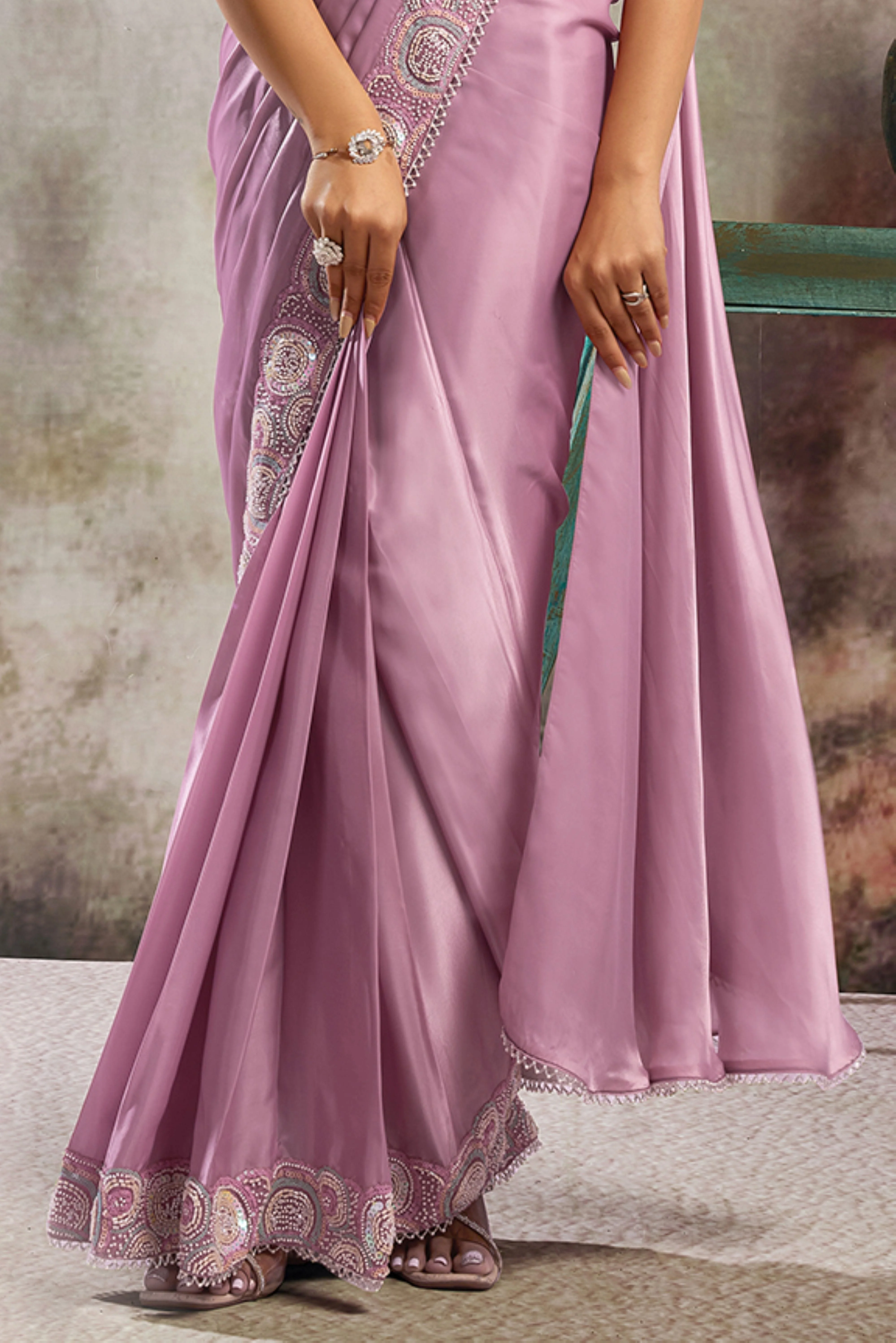 Orchid Purple Embellished Satin Silk Draped Saree - Image 5