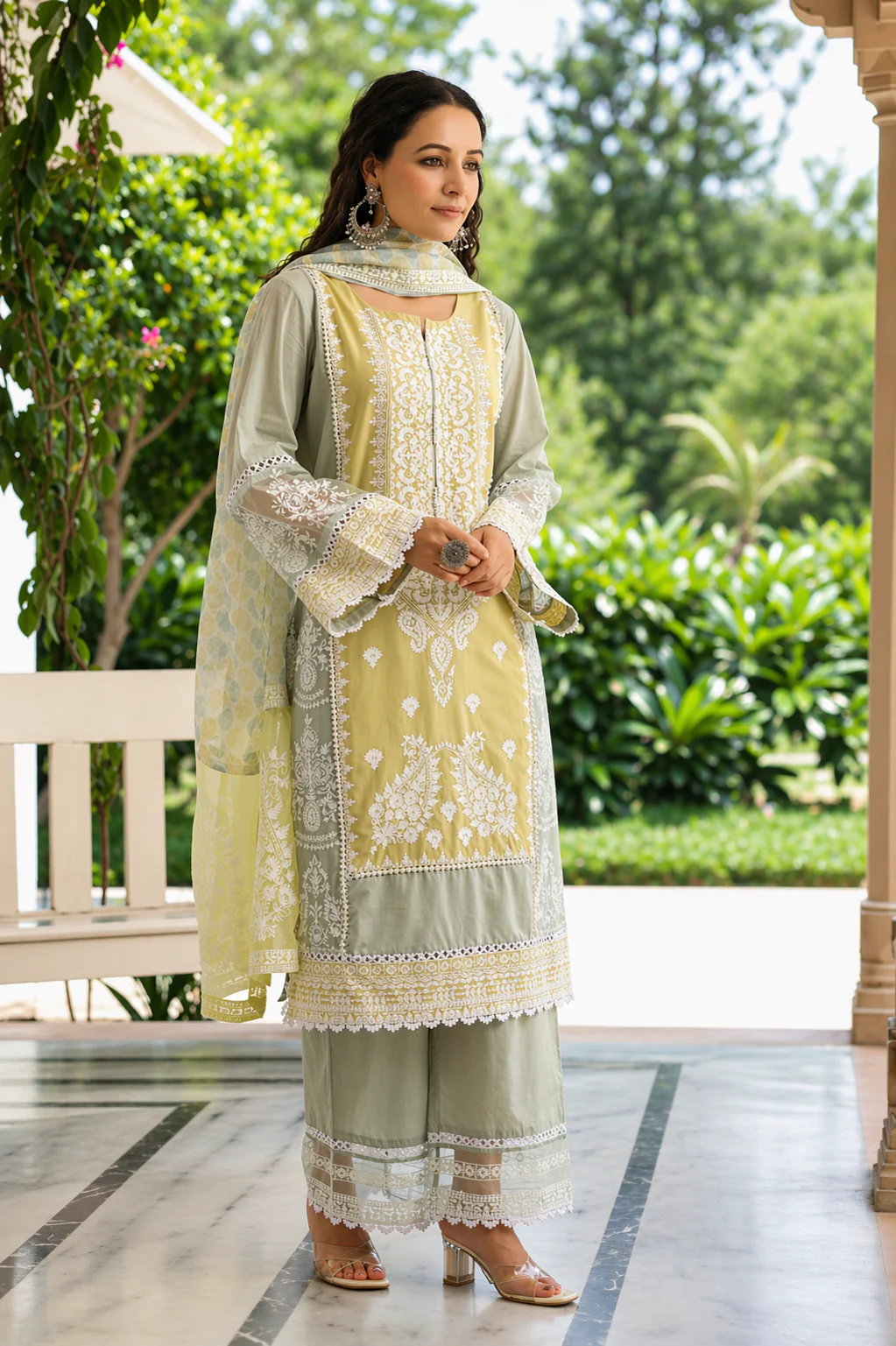 Sage Citron Embroidered Mul Cotton Pant Set - Image 2