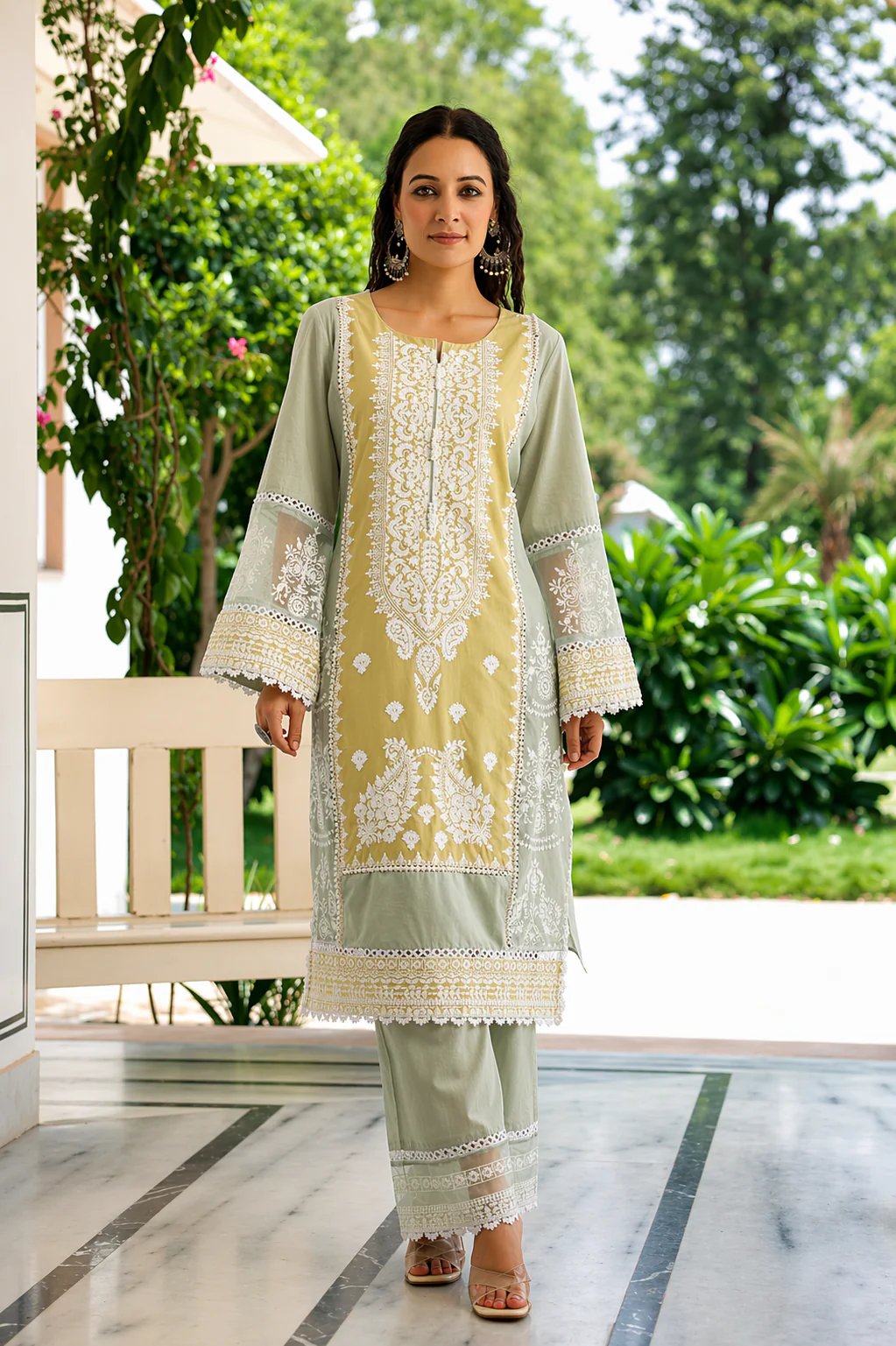 Sage Citron Embroidered Mul Cotton Pant Set - Image 3