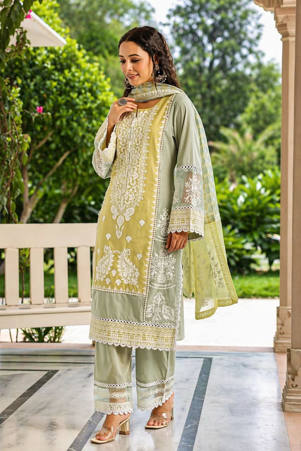 Sage Citron Embroidered Mul Cotton Pant Set - Image 5