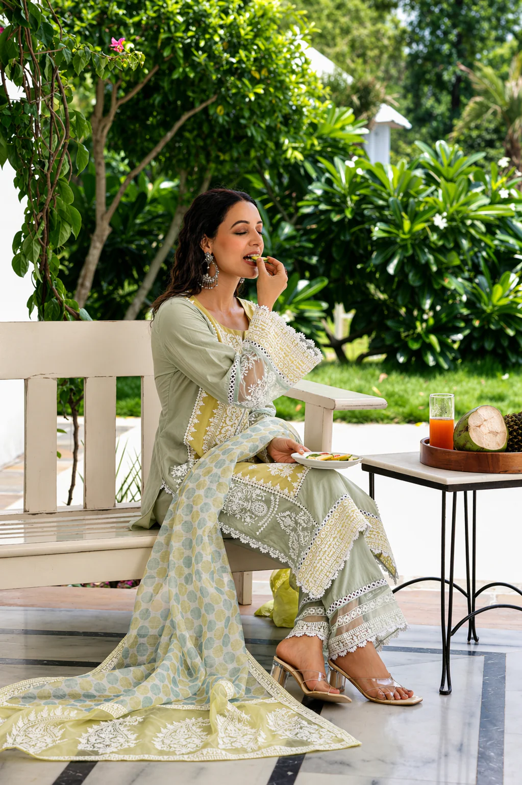 Sage Citron Embroidered Mul Cotton Pant Set - Image 6