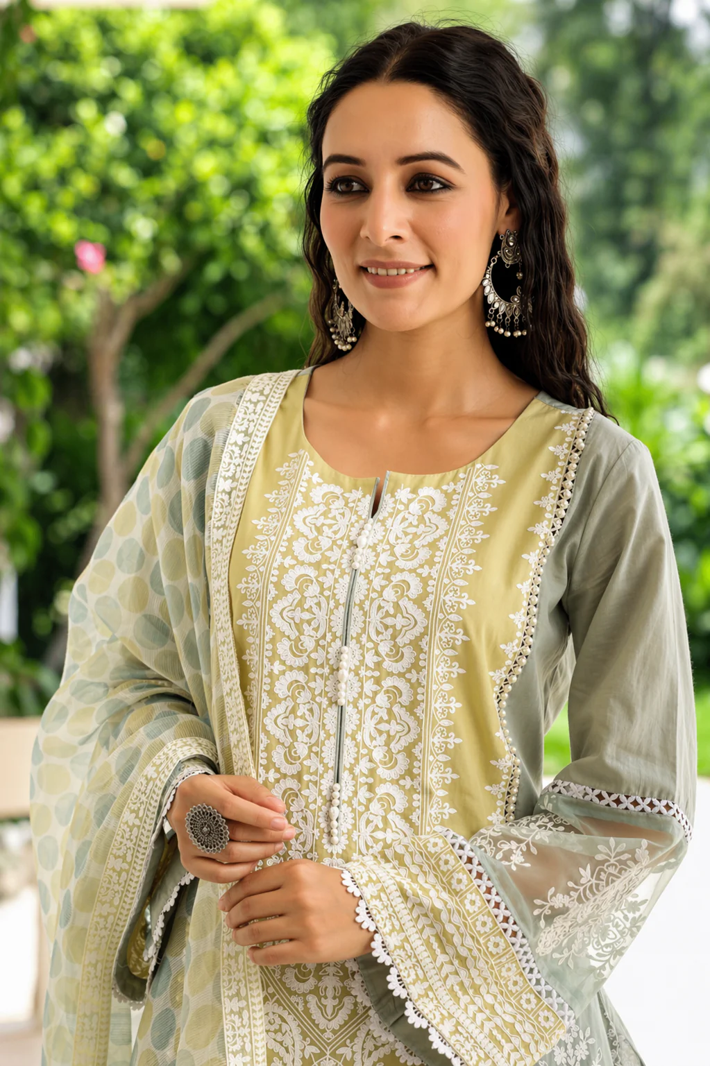 Sage Citron Embroidered Mul Cotton Pant Set - Image 7