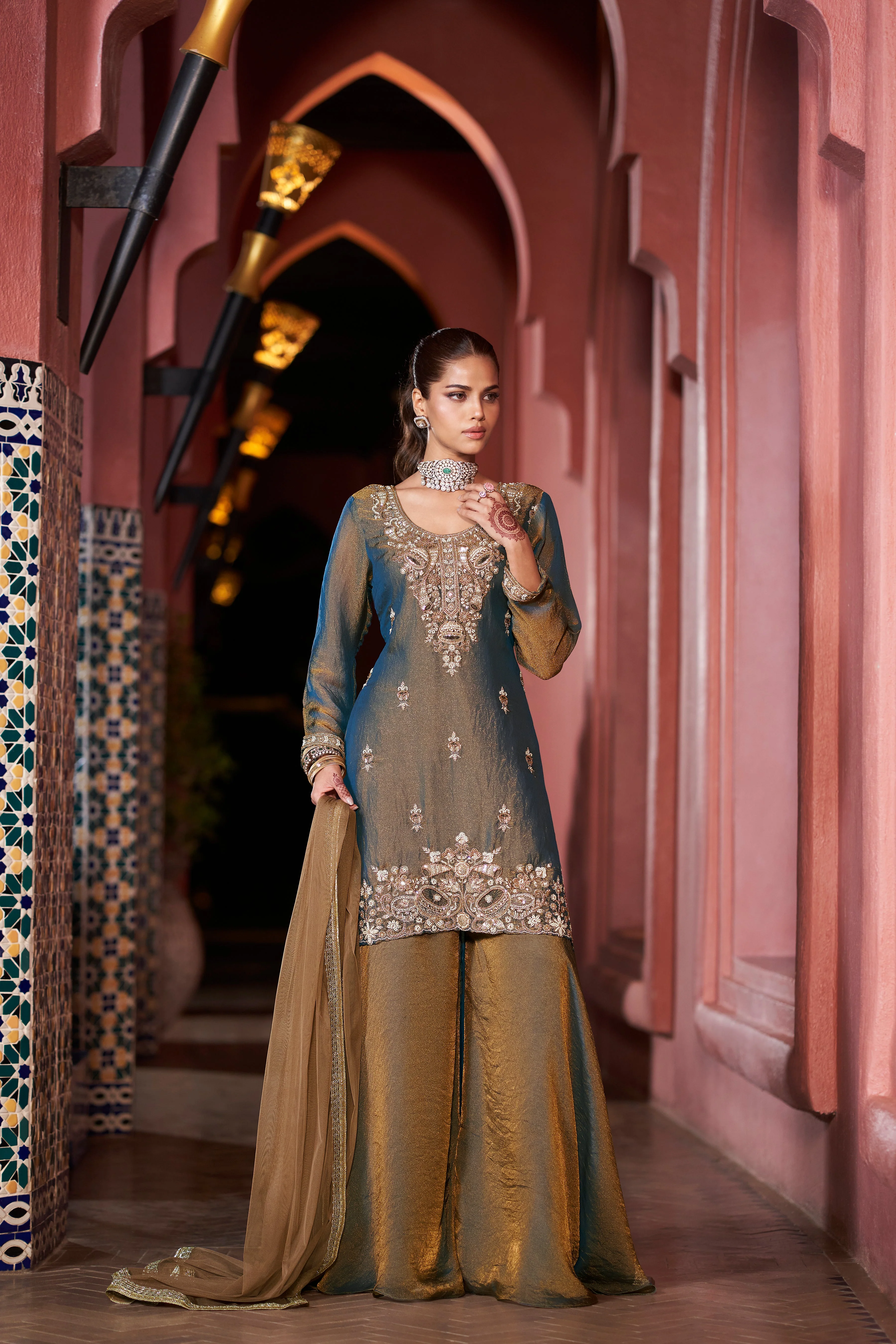 Oxidized Bronze Embellished Shimmer Tissue Silk Palazzo Set - Image 2