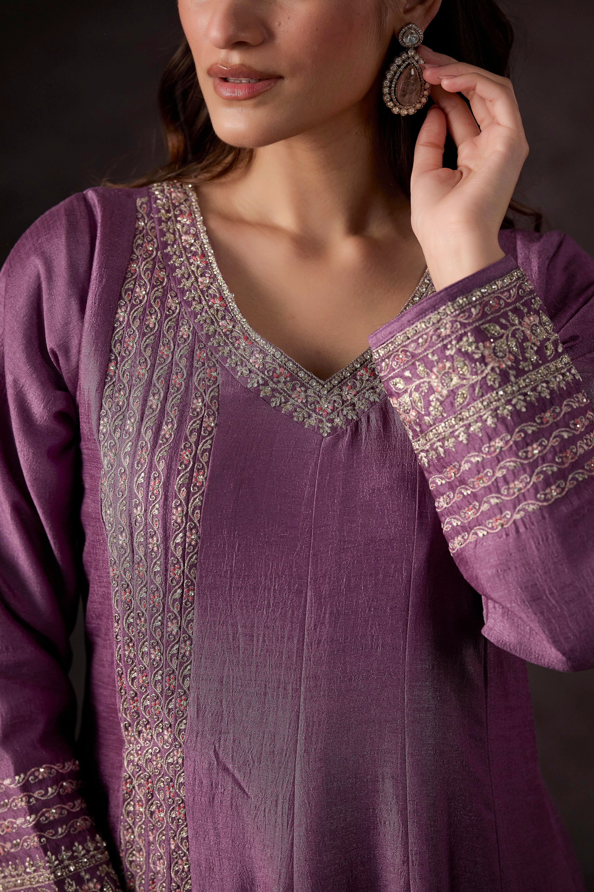 Pastel Purple Embellished Raw Silk Anarkali Set - Image 3