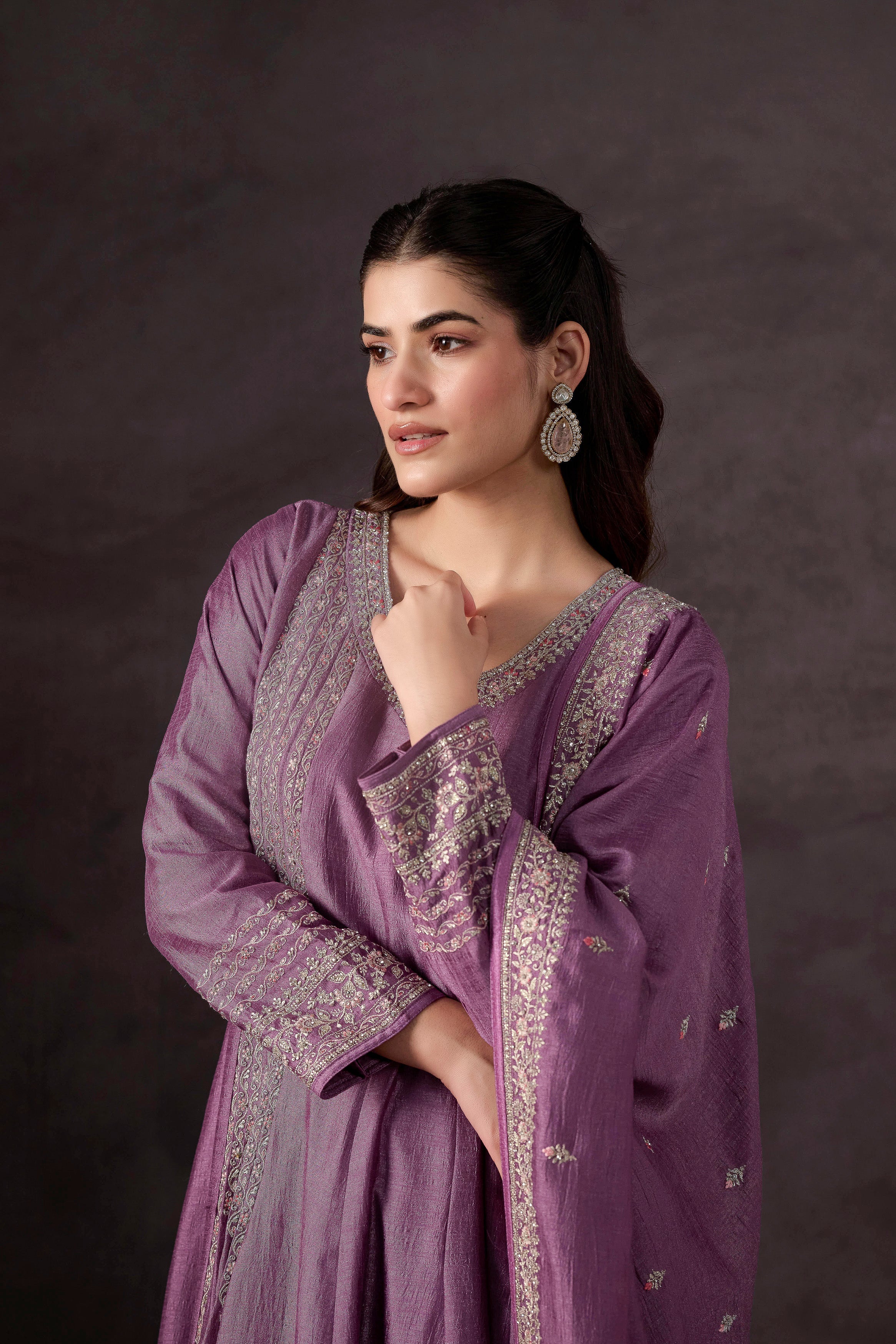 Pastel Purple Embellished Raw Silk Anarkali Set - Image 4