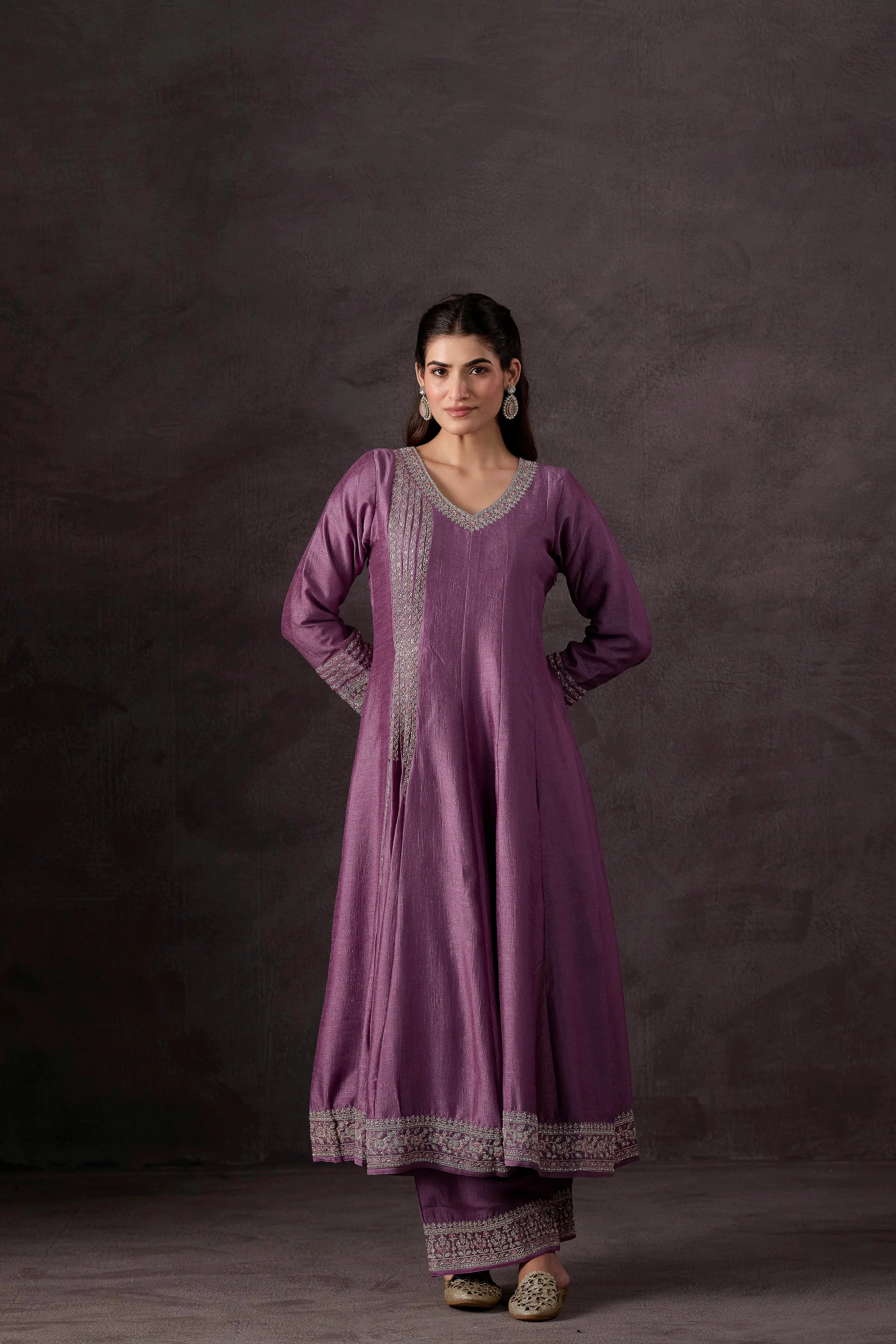 Pastel Purple Embellished Raw Silk Anarkali Set - Image 5