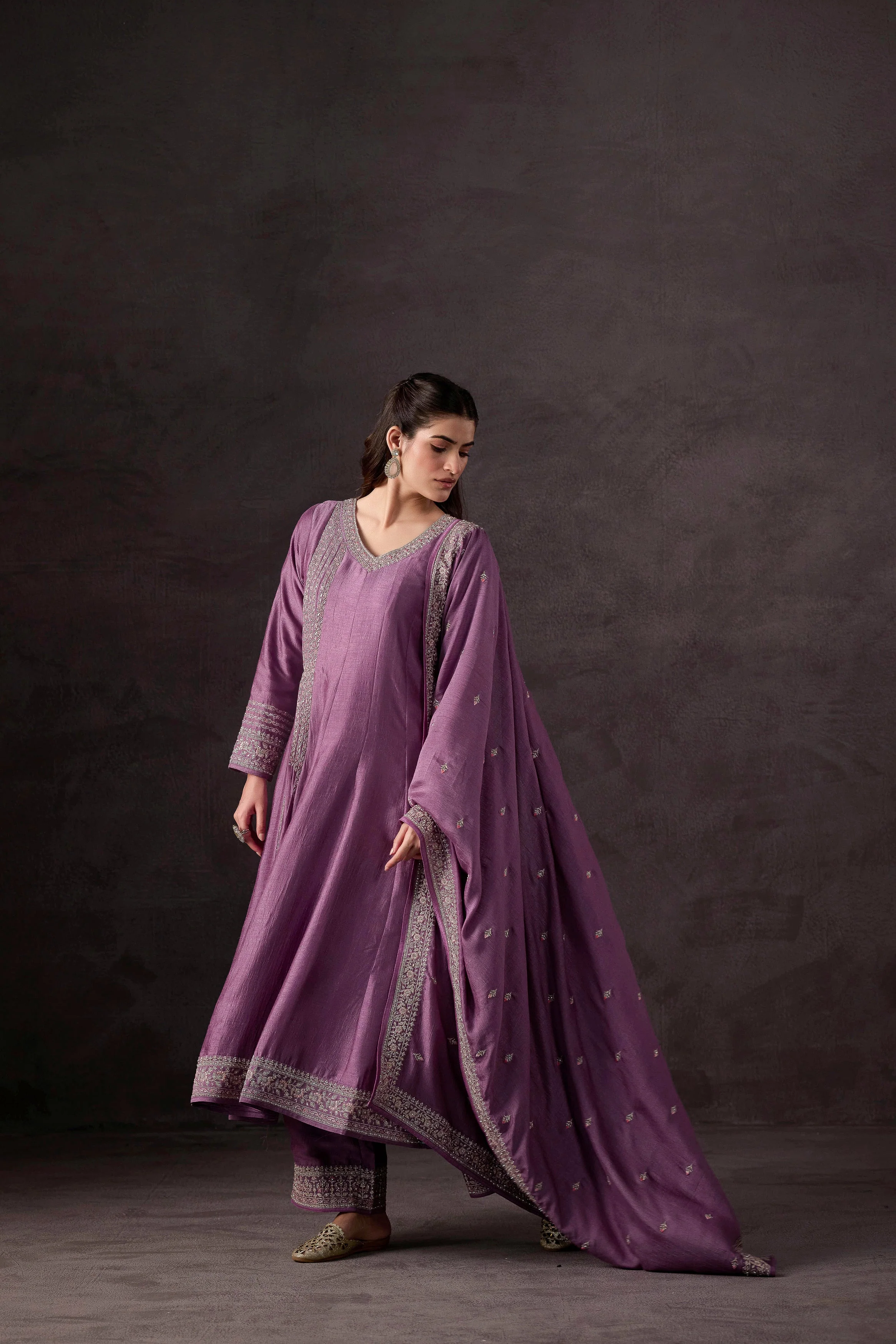 Pastel Purple Embellished Raw Silk Anarkali Set - Image 6