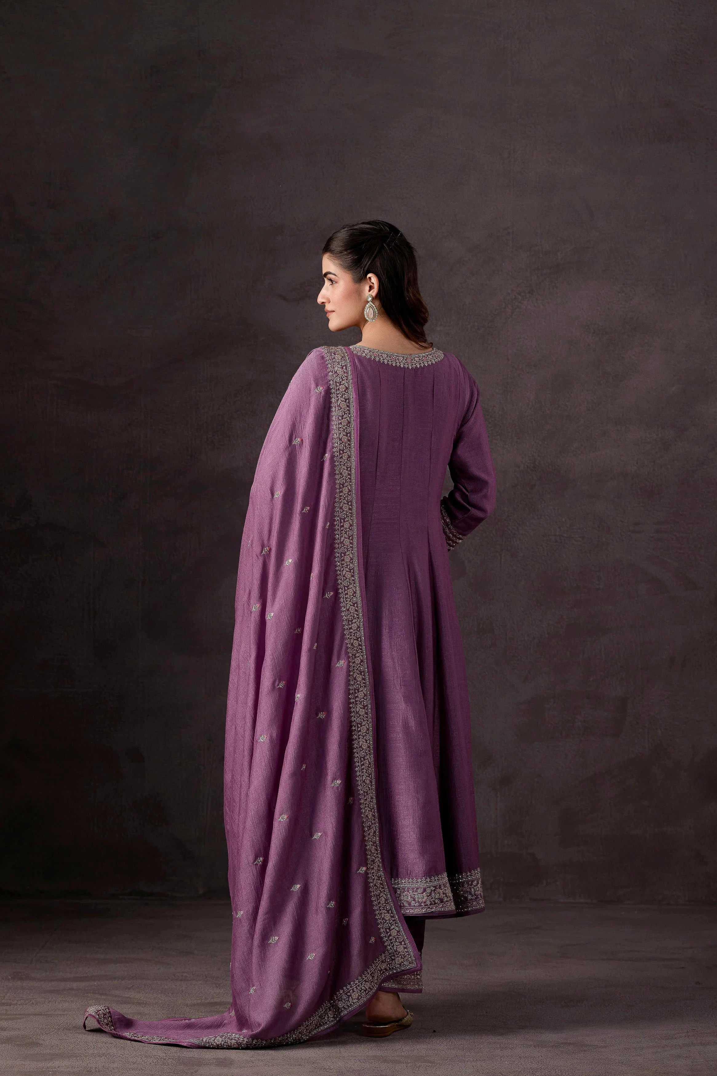 Pastel Purple Embellished Raw Silk Anarkali Set - Image 7