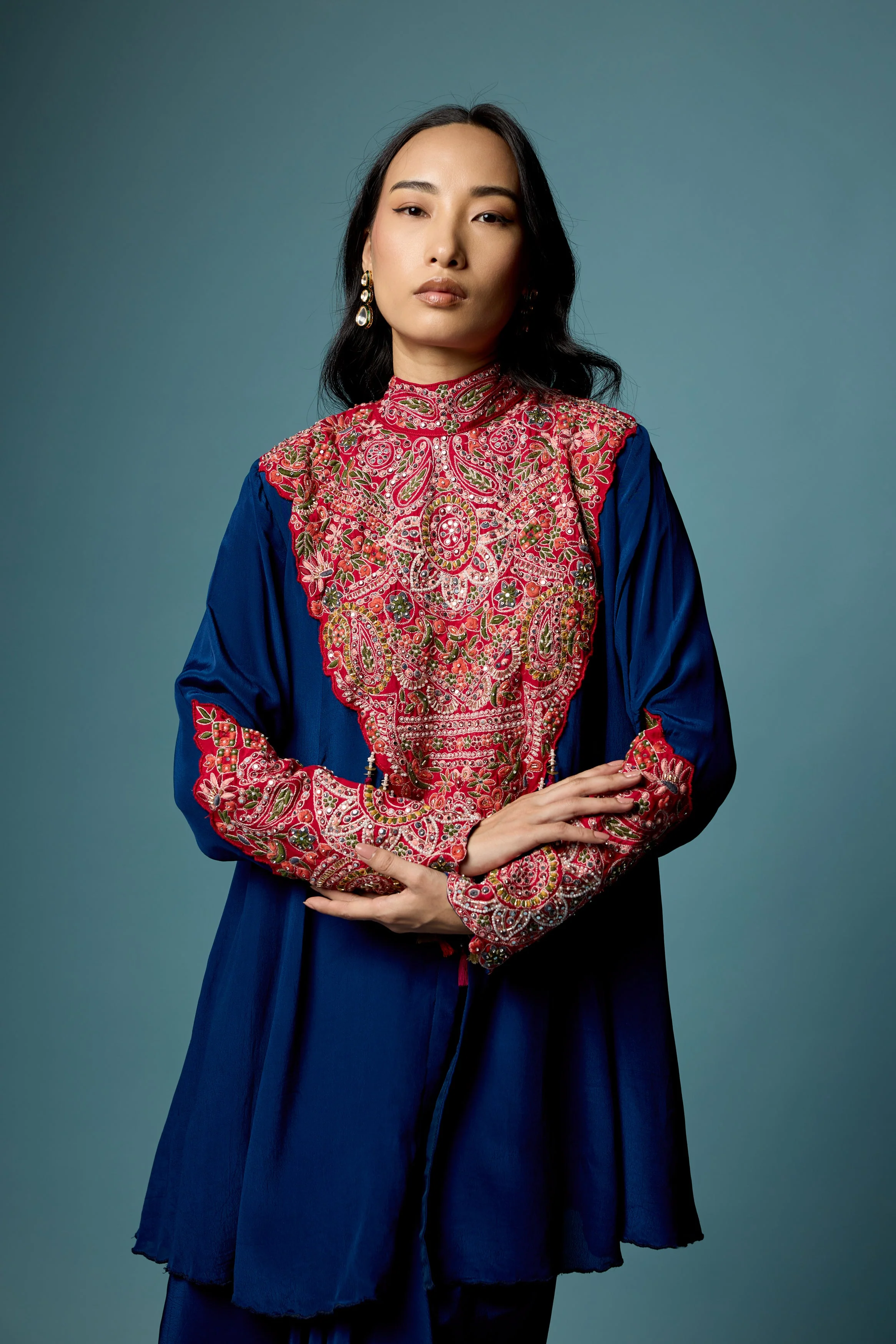 Deep Blue Embellished Chinon Silk Skirt Set - Image 2