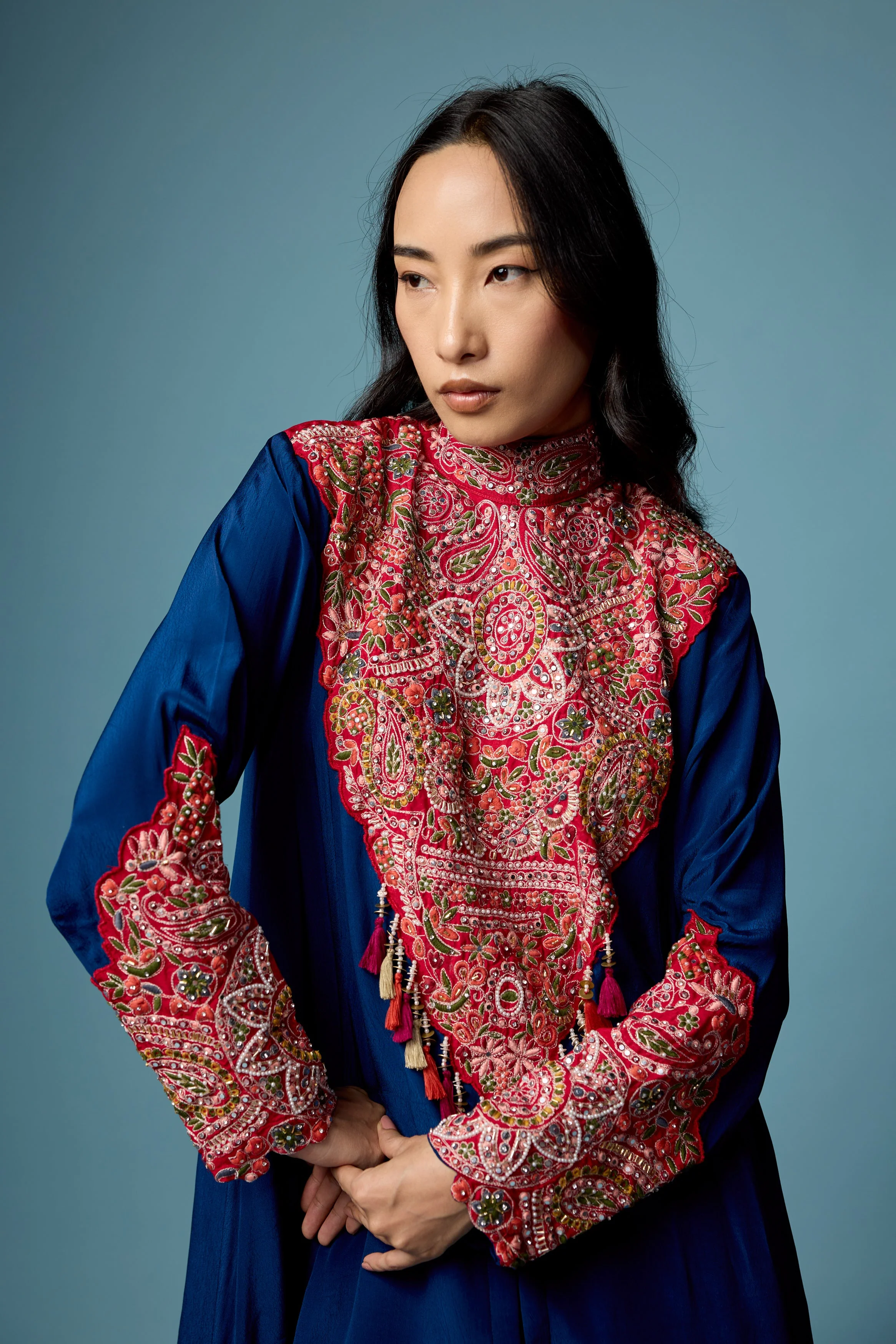 Deep Blue Embellished Chinon Silk Skirt Set - Image 3