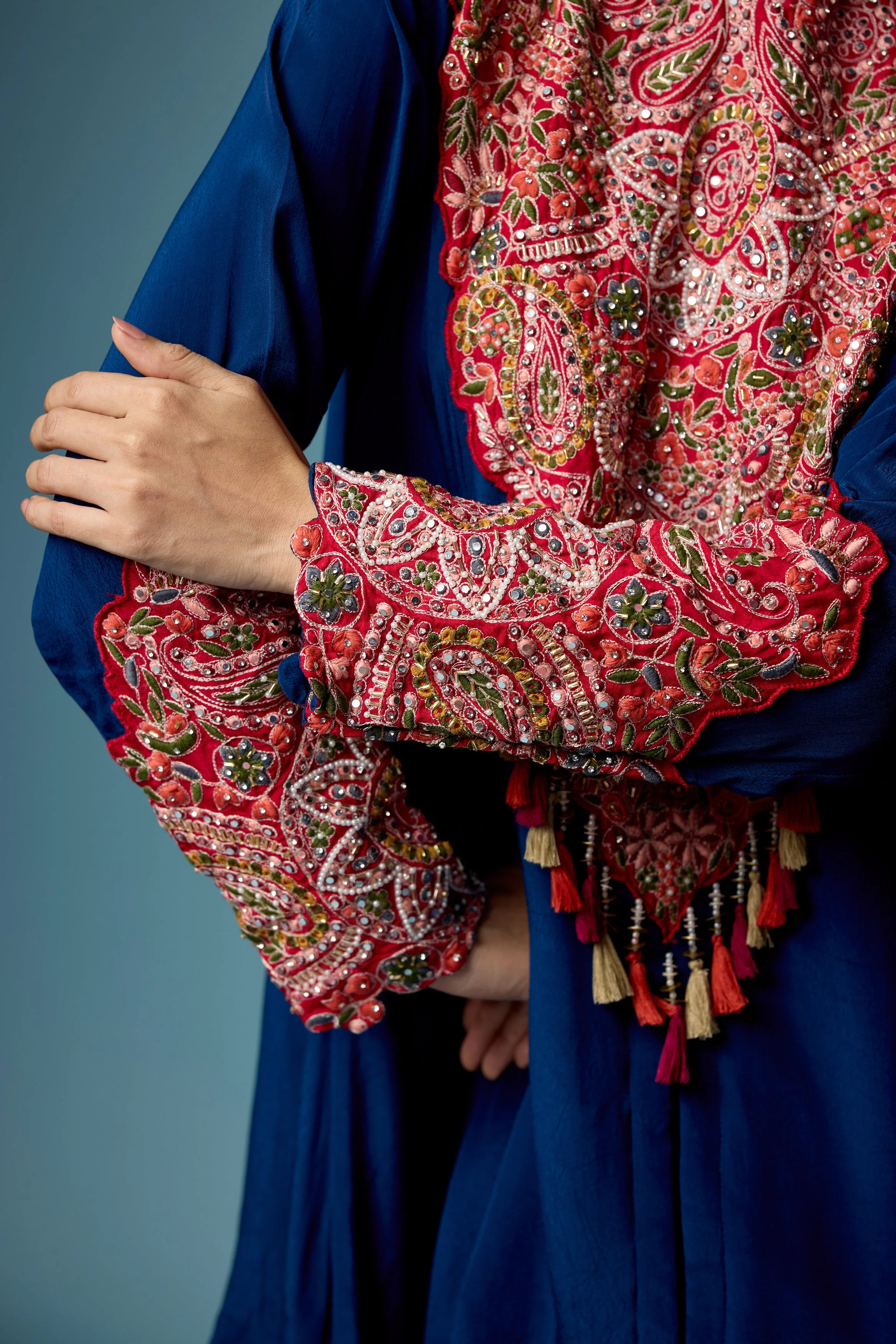 Deep Blue Embellished Chinon Silk Skirt Set - Image 4