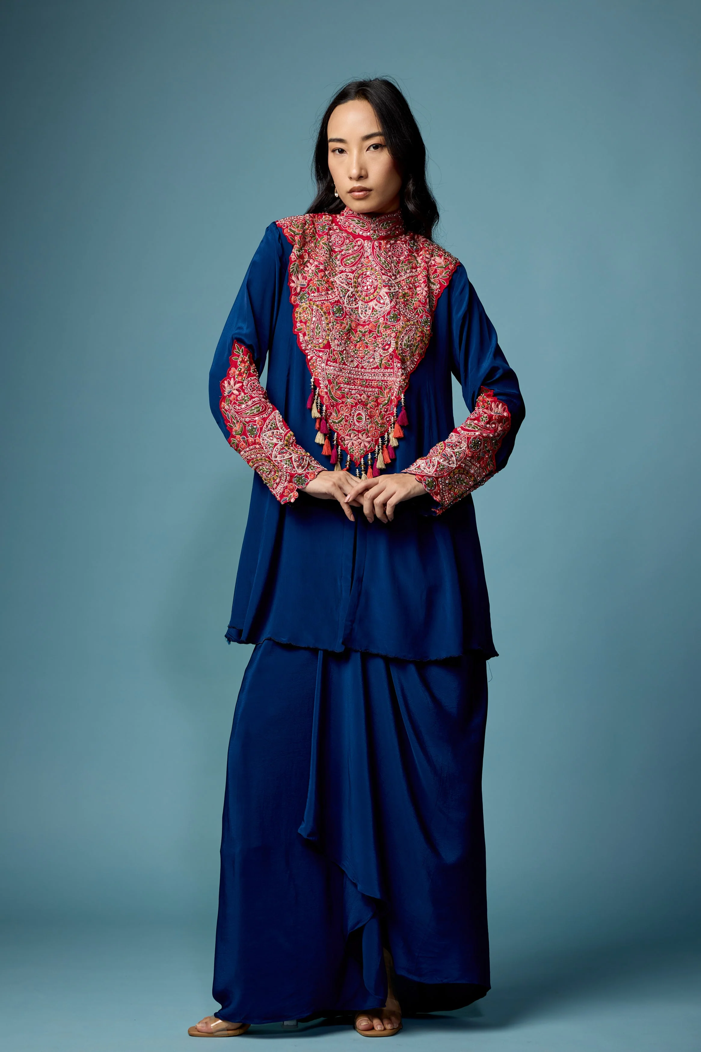 Deep Blue Embellished Chinon Silk Skirt Set - Image 5