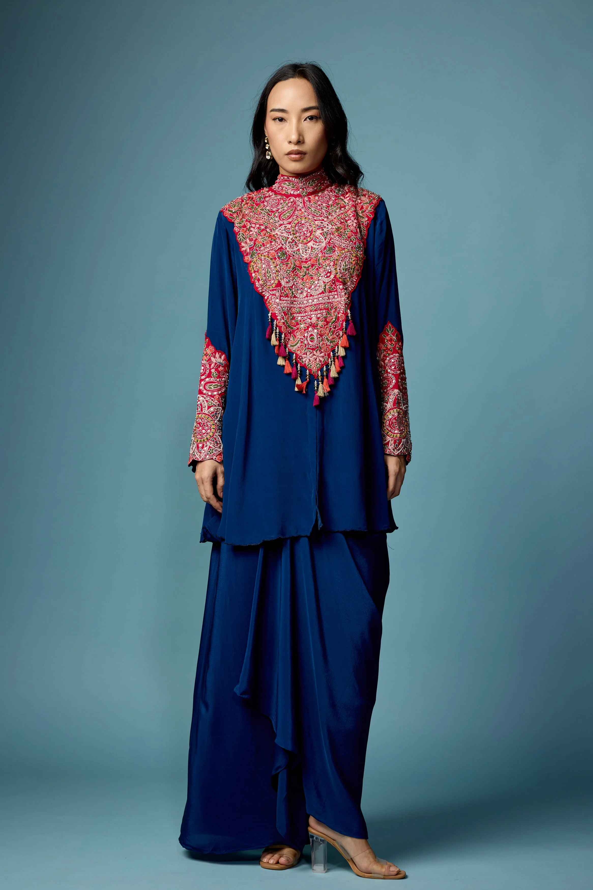 Deep Blue Embellished Chinon Silk Skirt Set - Image 6