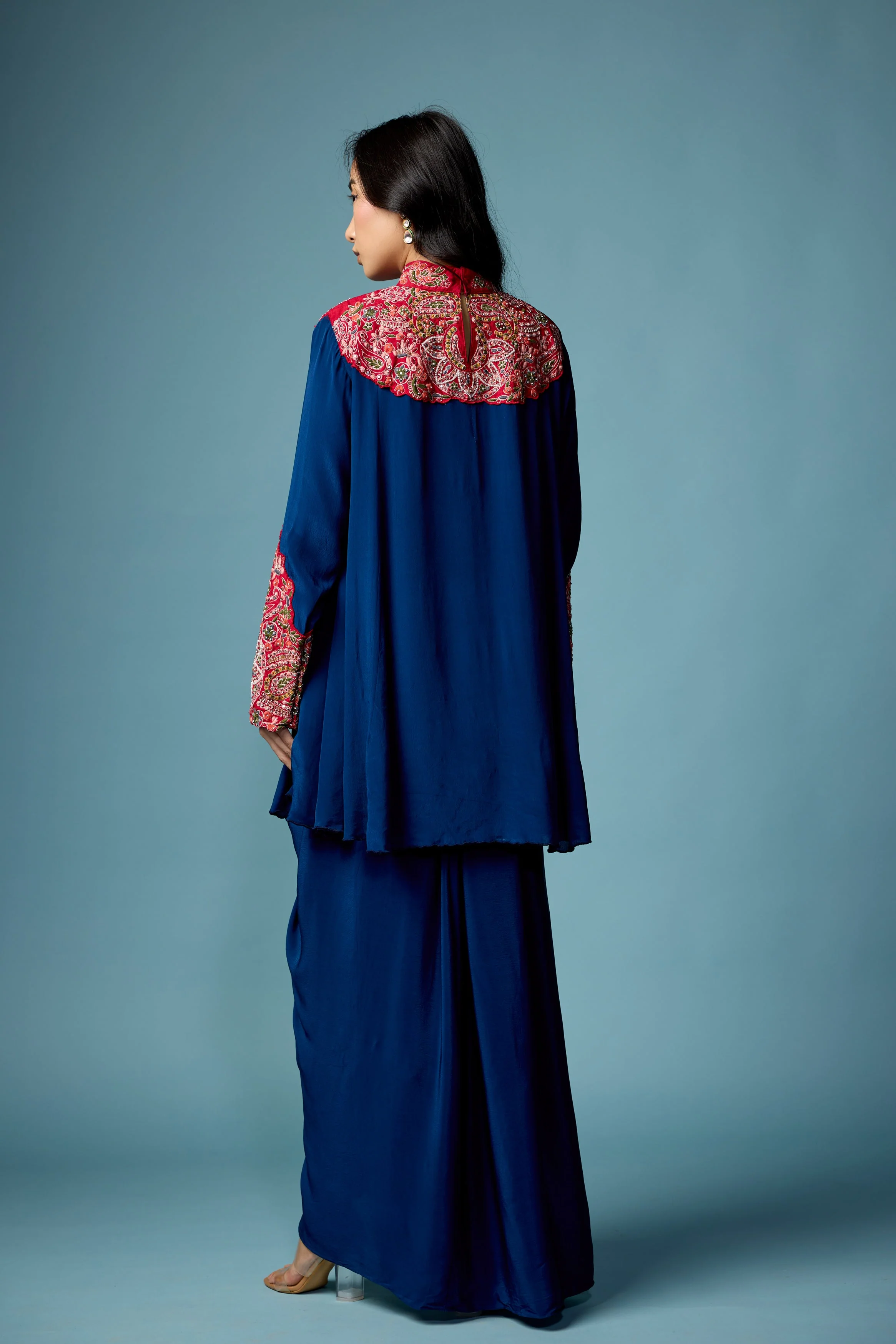 Deep Blue Embellished Chinon Silk Skirt Set - Image 7