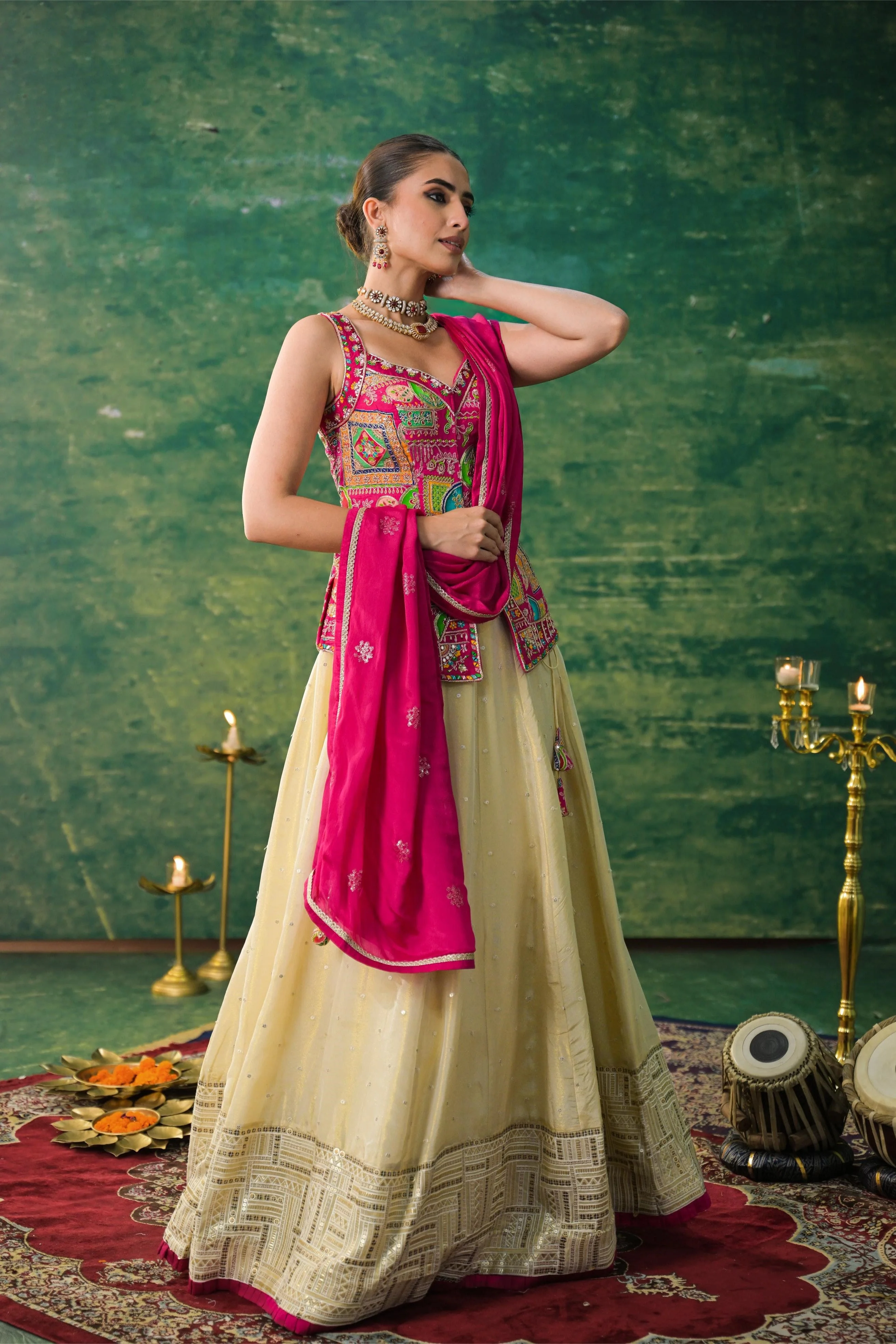 Pale Champagne Embroidered Raw Silk Lehenga Set - Image 3