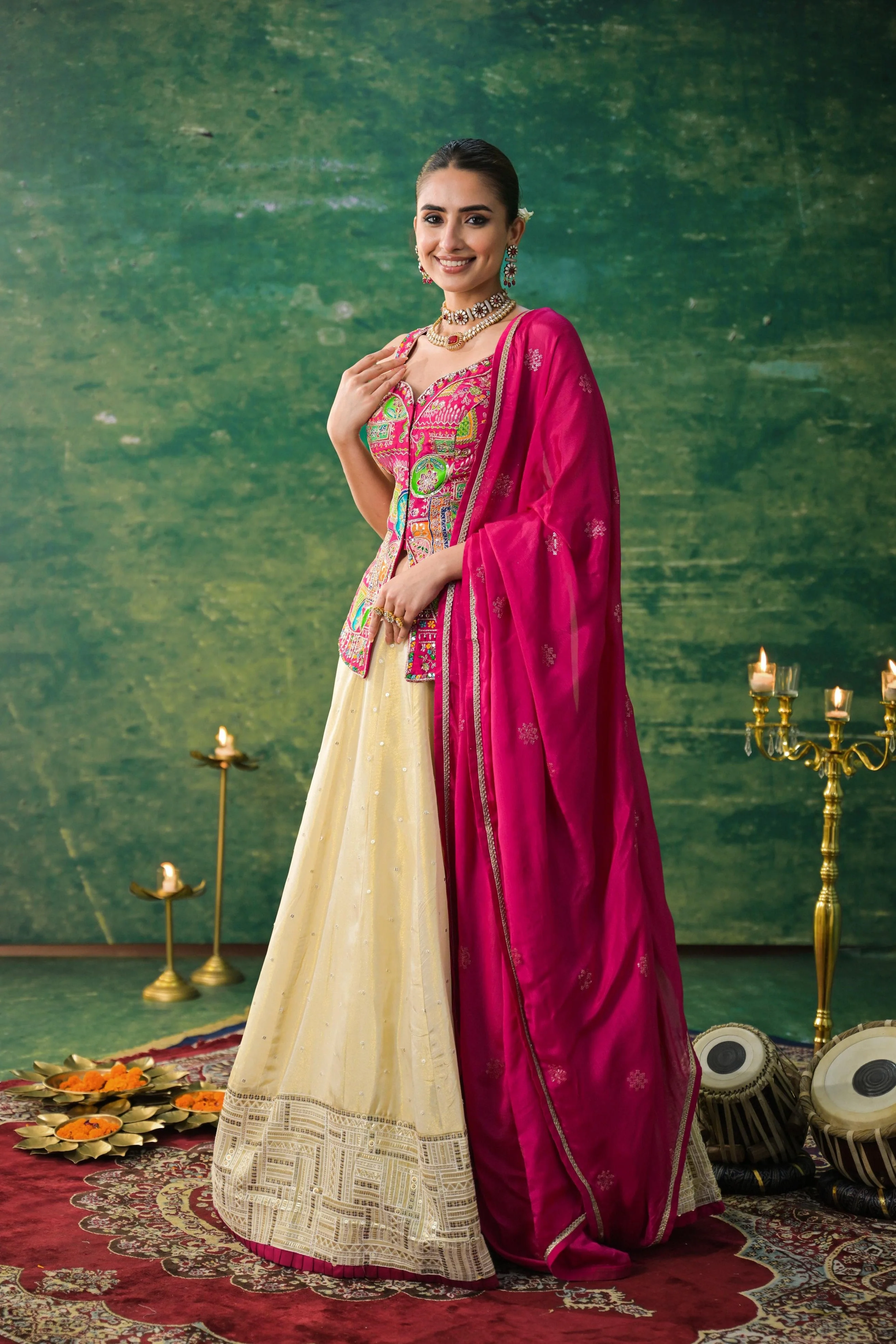 Pale Champagne Embroidered Raw Silk Lehenga Set - Image 4