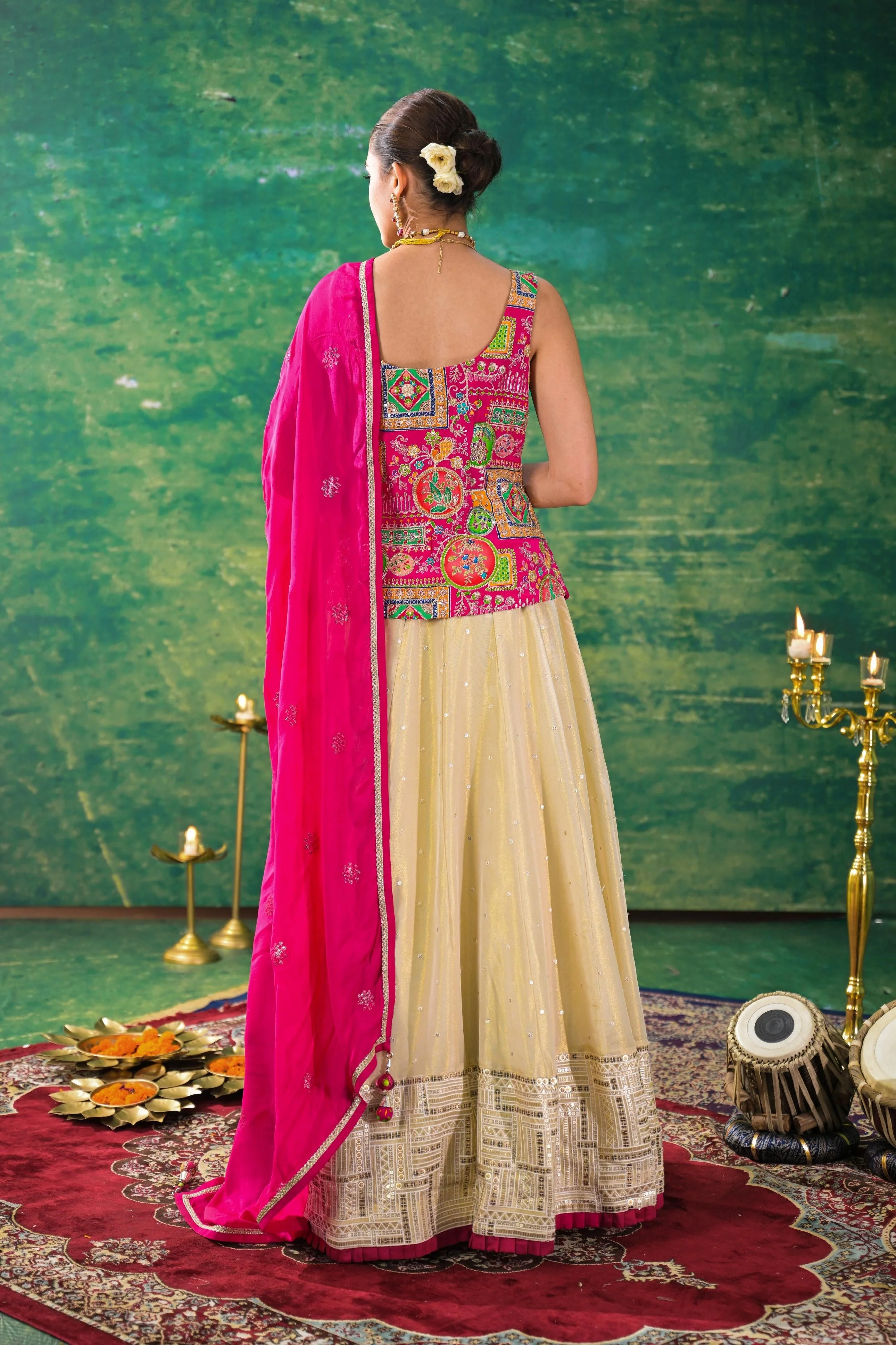 Pale Champagne Embroidered Raw Silk Lehenga Set - Image 5