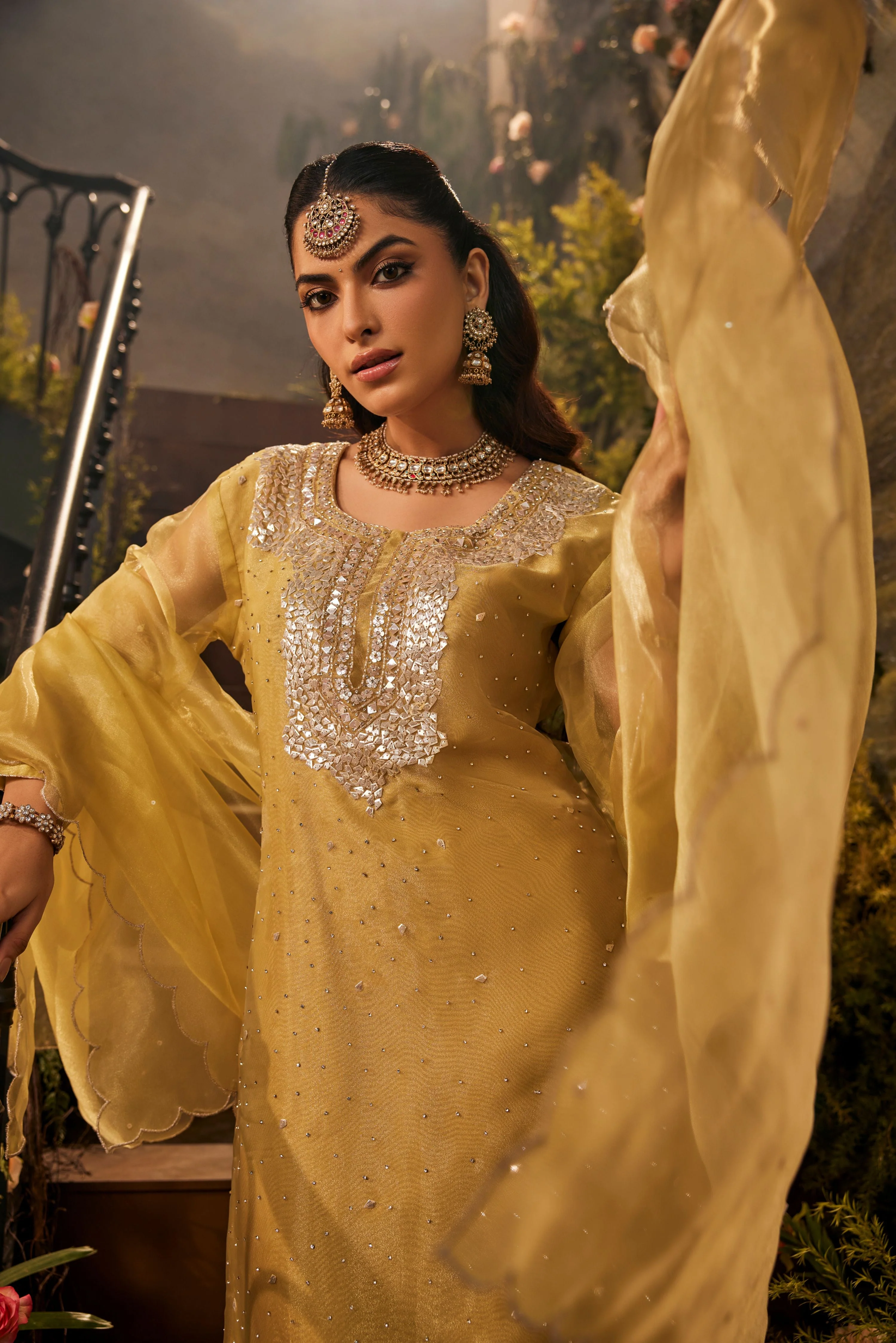 Pale Gold Embellished Shimmer Organza Pant Set - Image 2