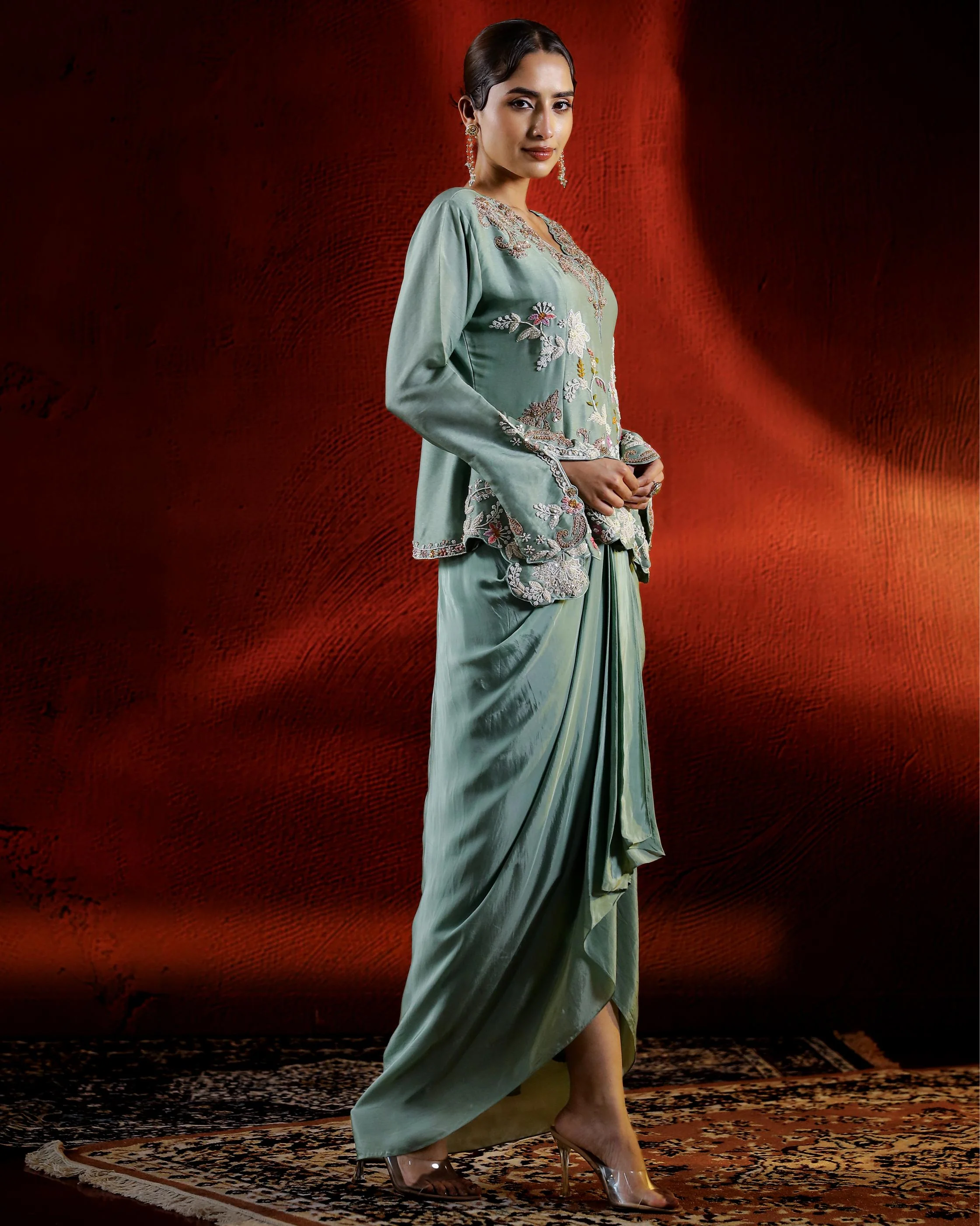 Pale Green Embroidered German Silk Jacket Skirt Set - Image 3