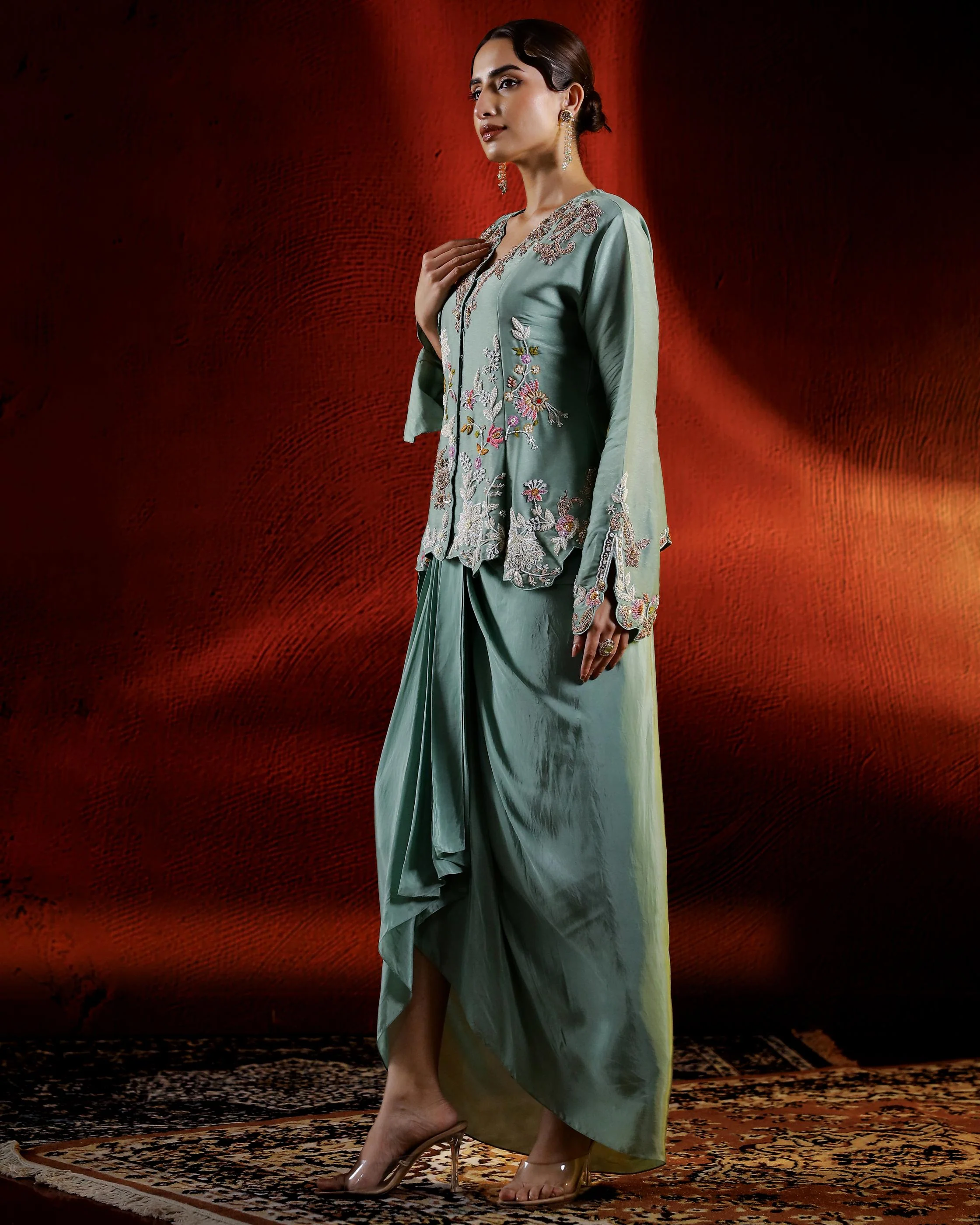 Pale Green Embroidered German Silk Jacket Skirt Set - Image 4