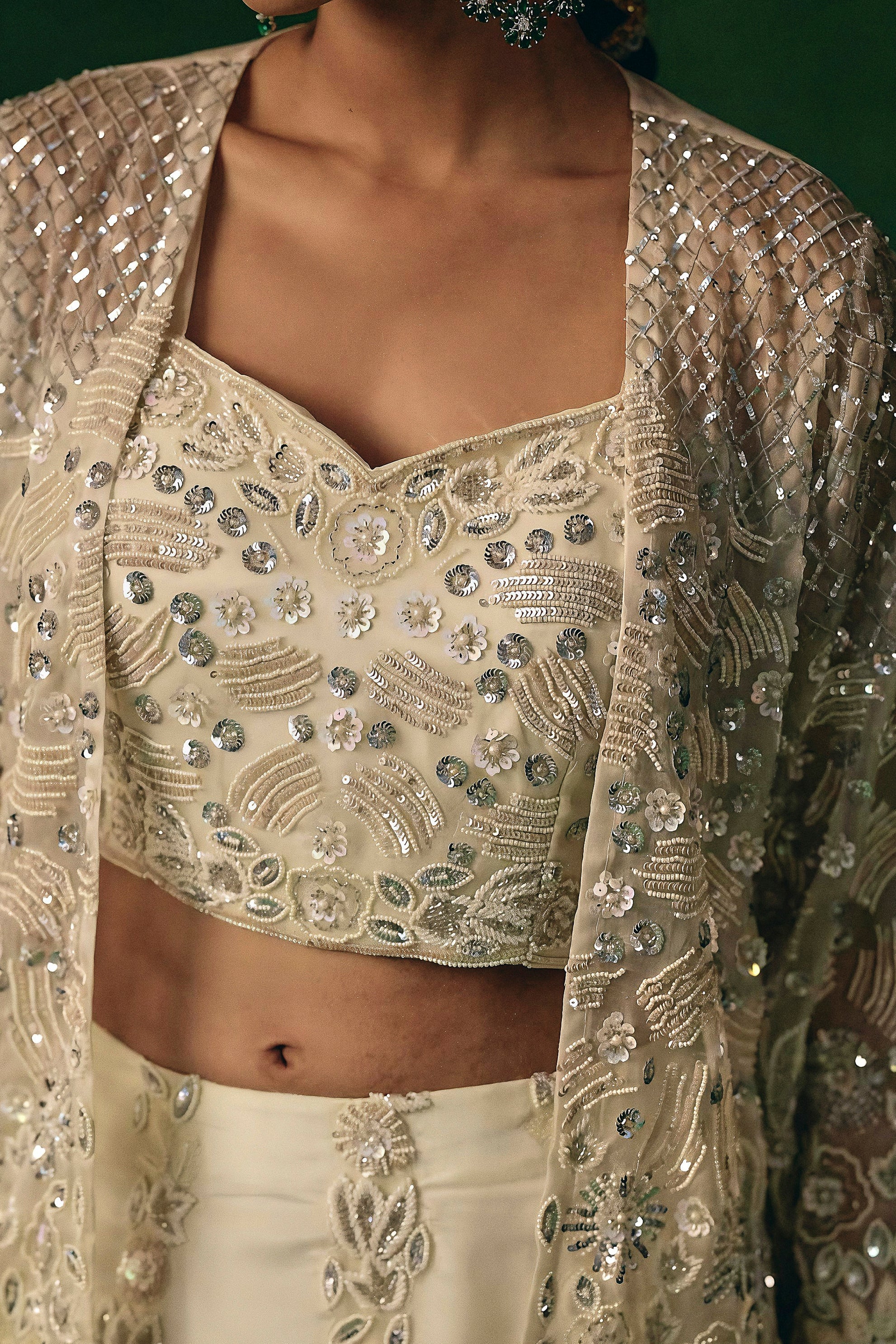 Soft Ivory Embellished Chinon Silk Lehenga Set - Image 2
