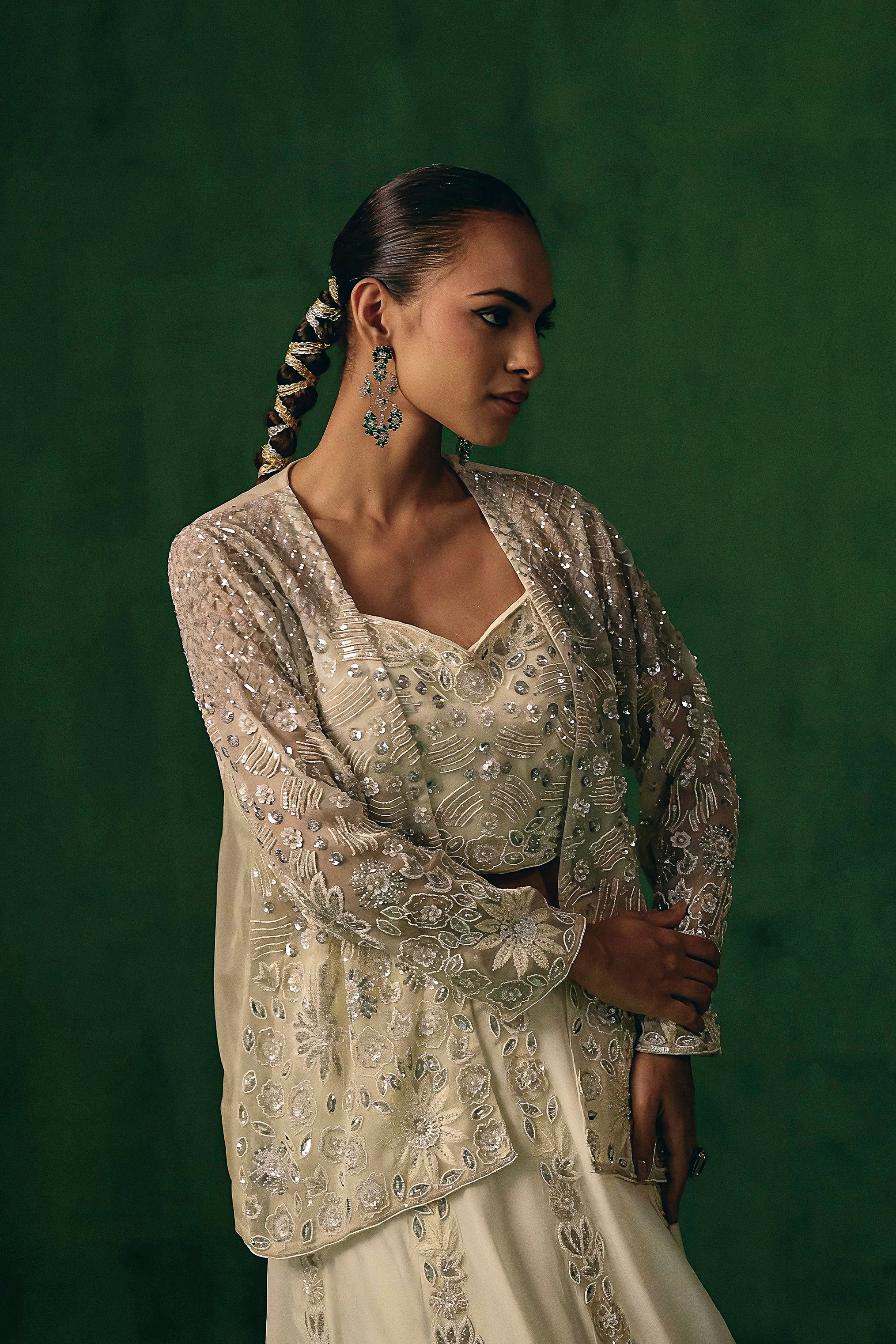 Soft Ivory Embellished Chinon Silk Lehenga Set - Image 3