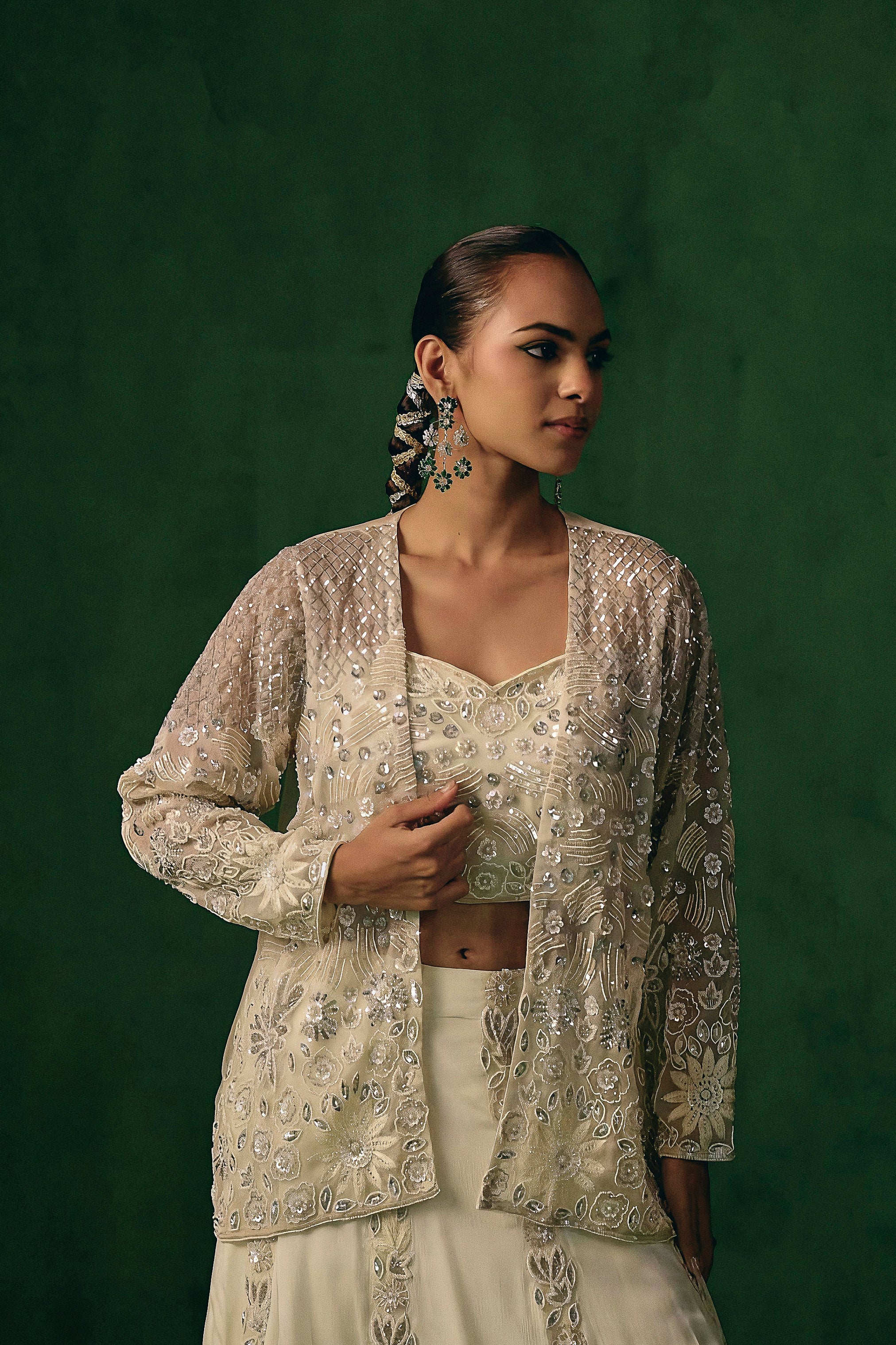 Soft Ivory Embellished Chinon Silk Lehenga Set - Image 4