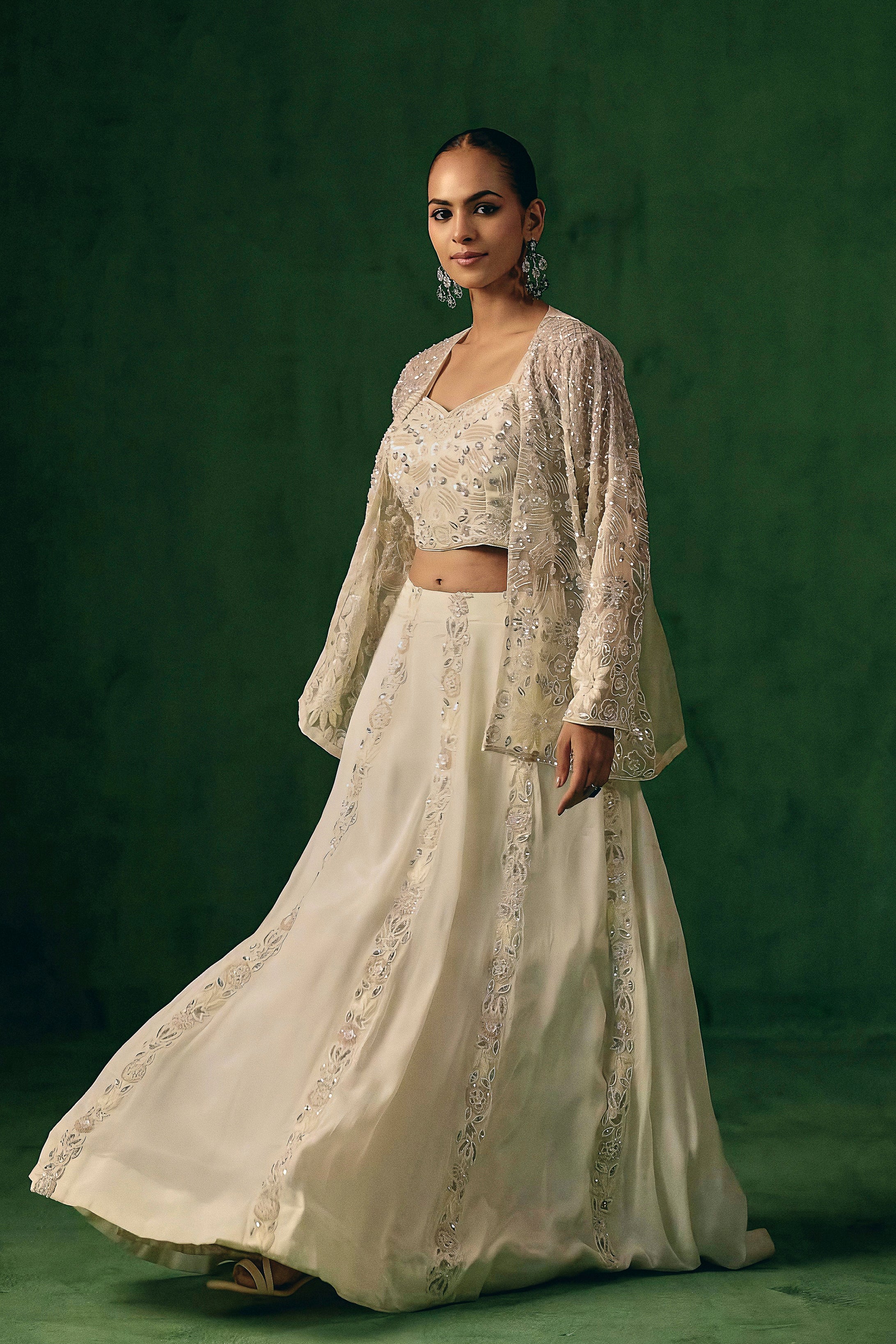 Soft Ivory Embellished Chinon Silk Lehenga Set - Image 5