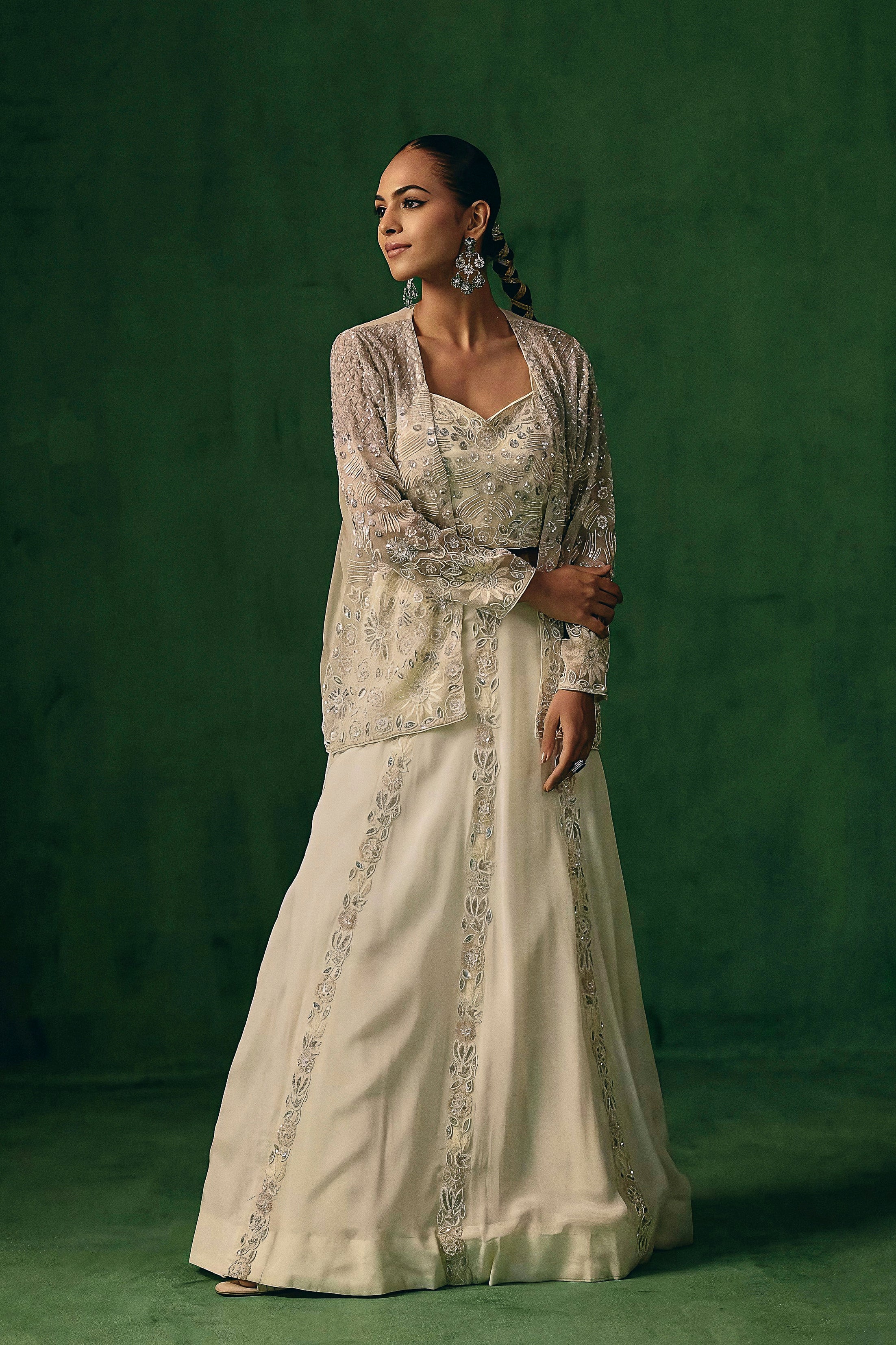 Soft Ivory Embellished Chinon Silk Lehenga Set - Image 6