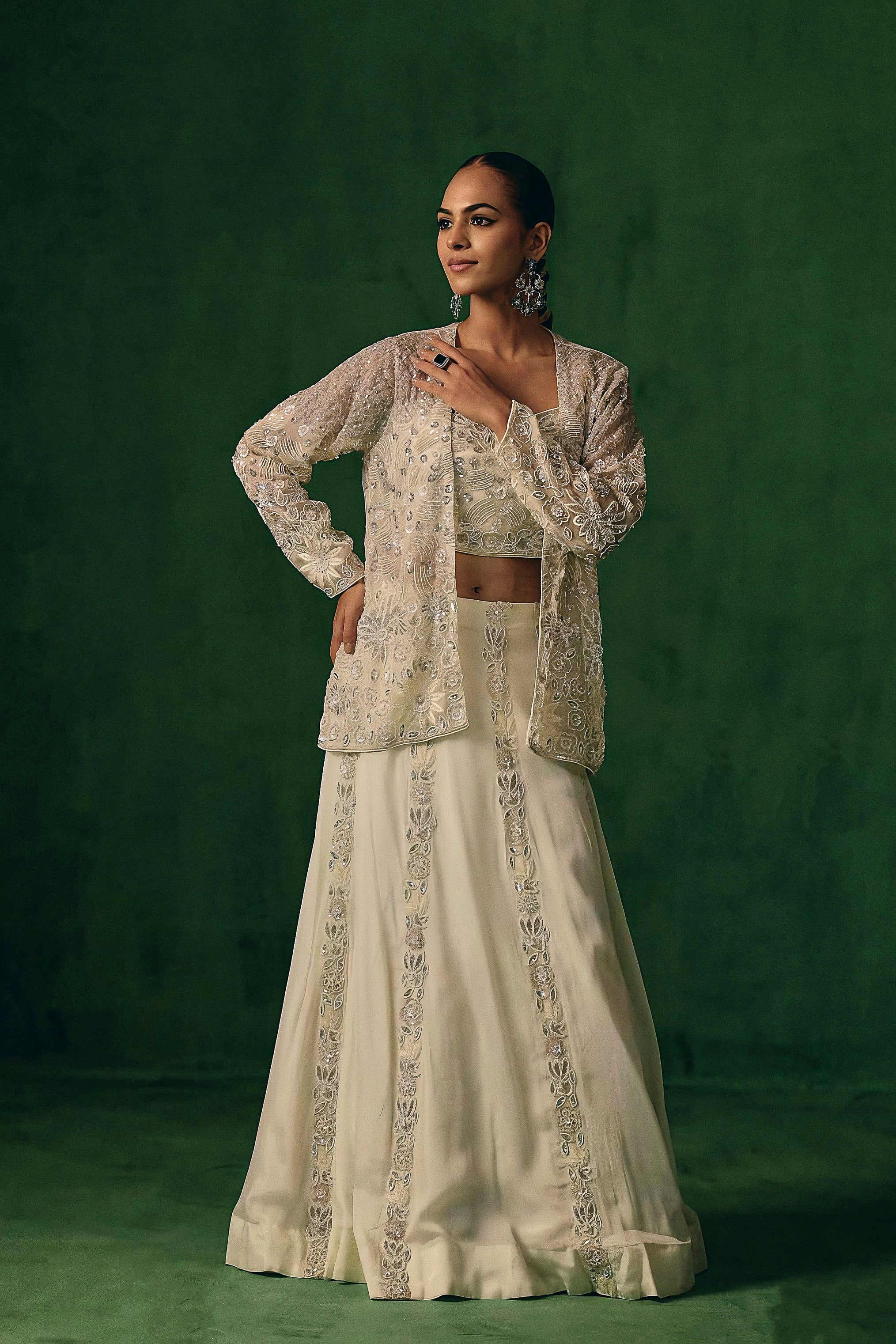 Soft Ivory Embellished Chinon Silk Lehenga Set - Image 7