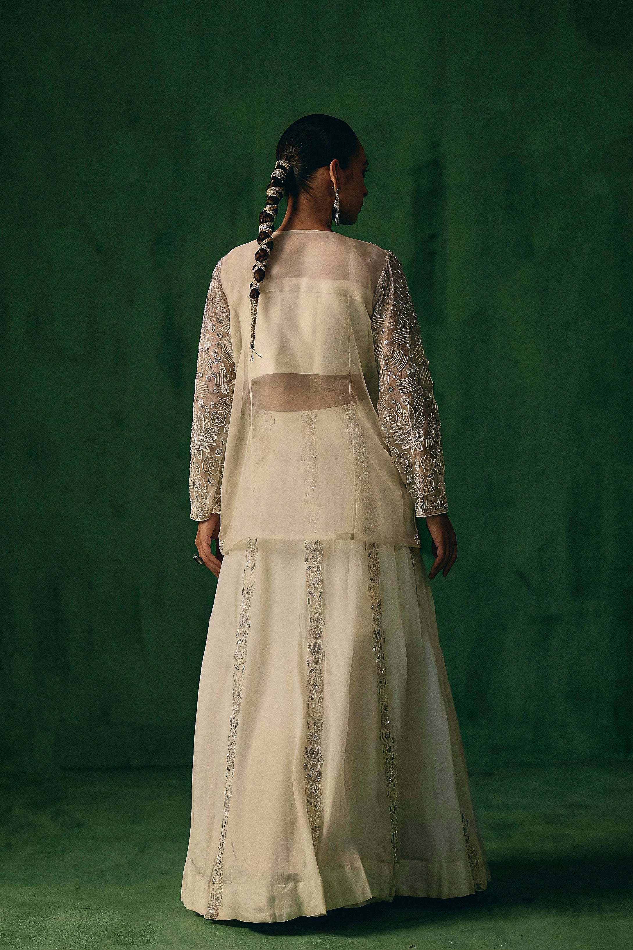 Soft Ivory Embellished Chinon Silk Lehenga Set - Image 8