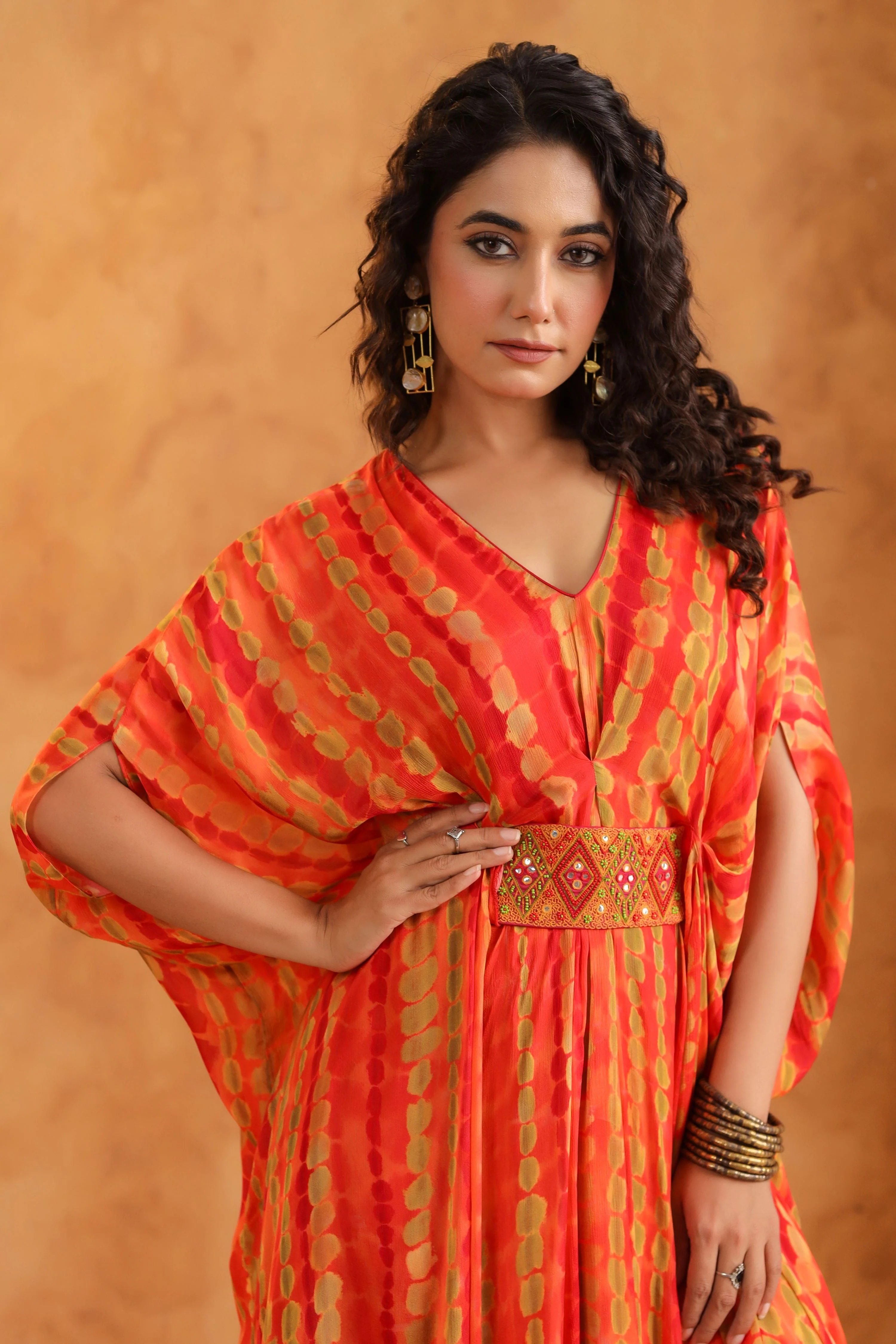 Orange Printed Chinon Silk Kaftan Style Dress - Image 2