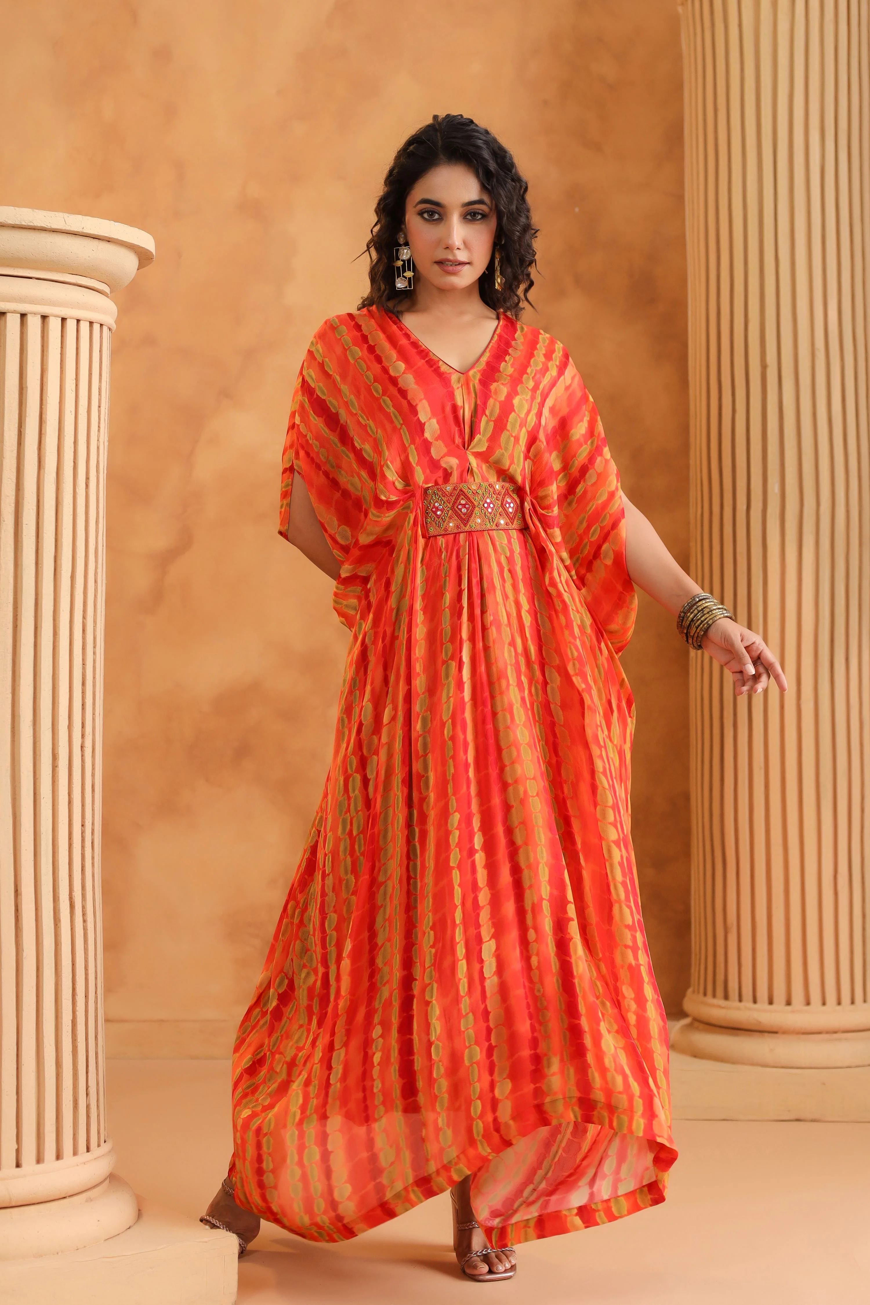 Orange Printed Chinon Silk Kaftan Style Dress - Image 3