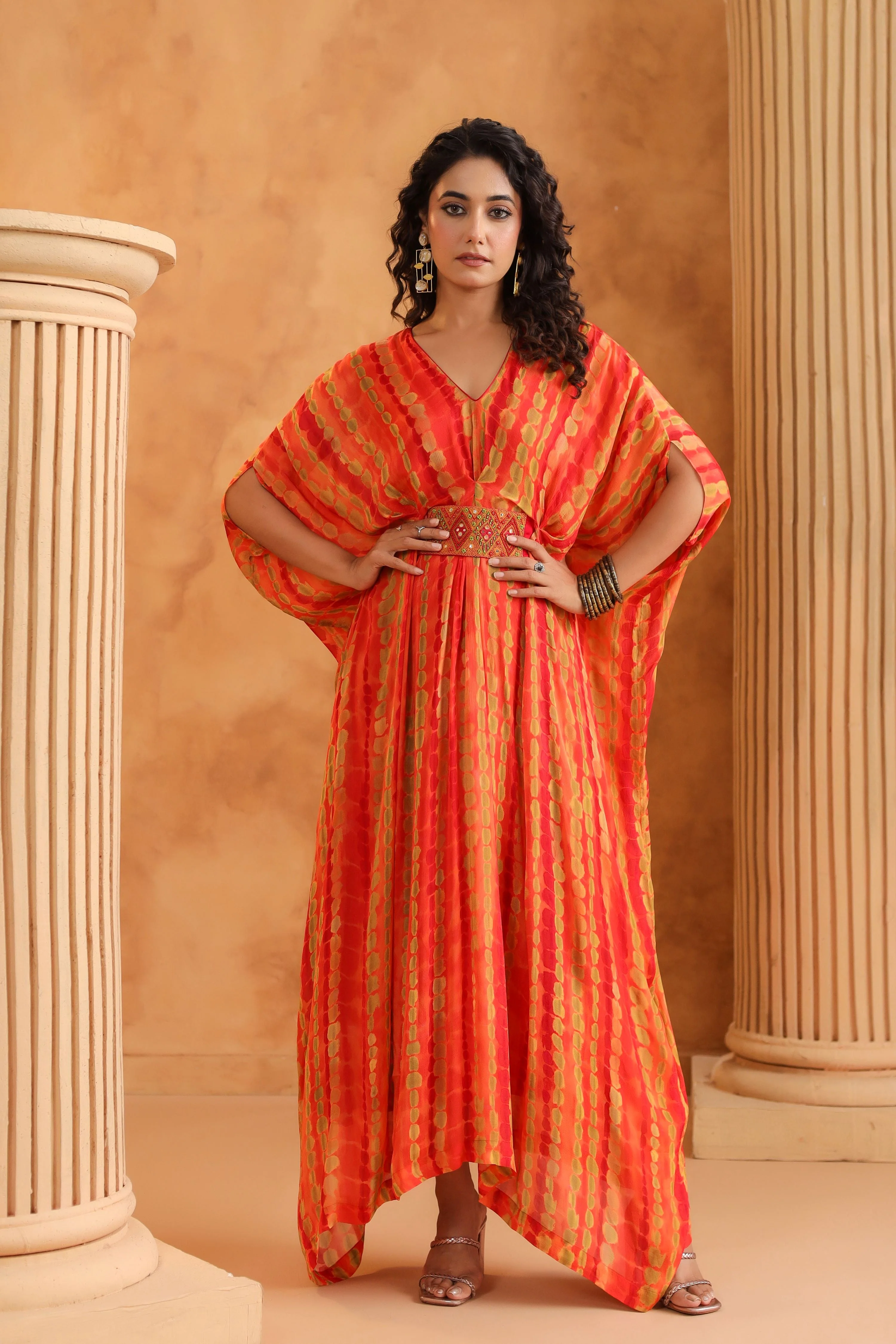 Orange Printed Chinon Silk Kaftan Style Dress - Image 4