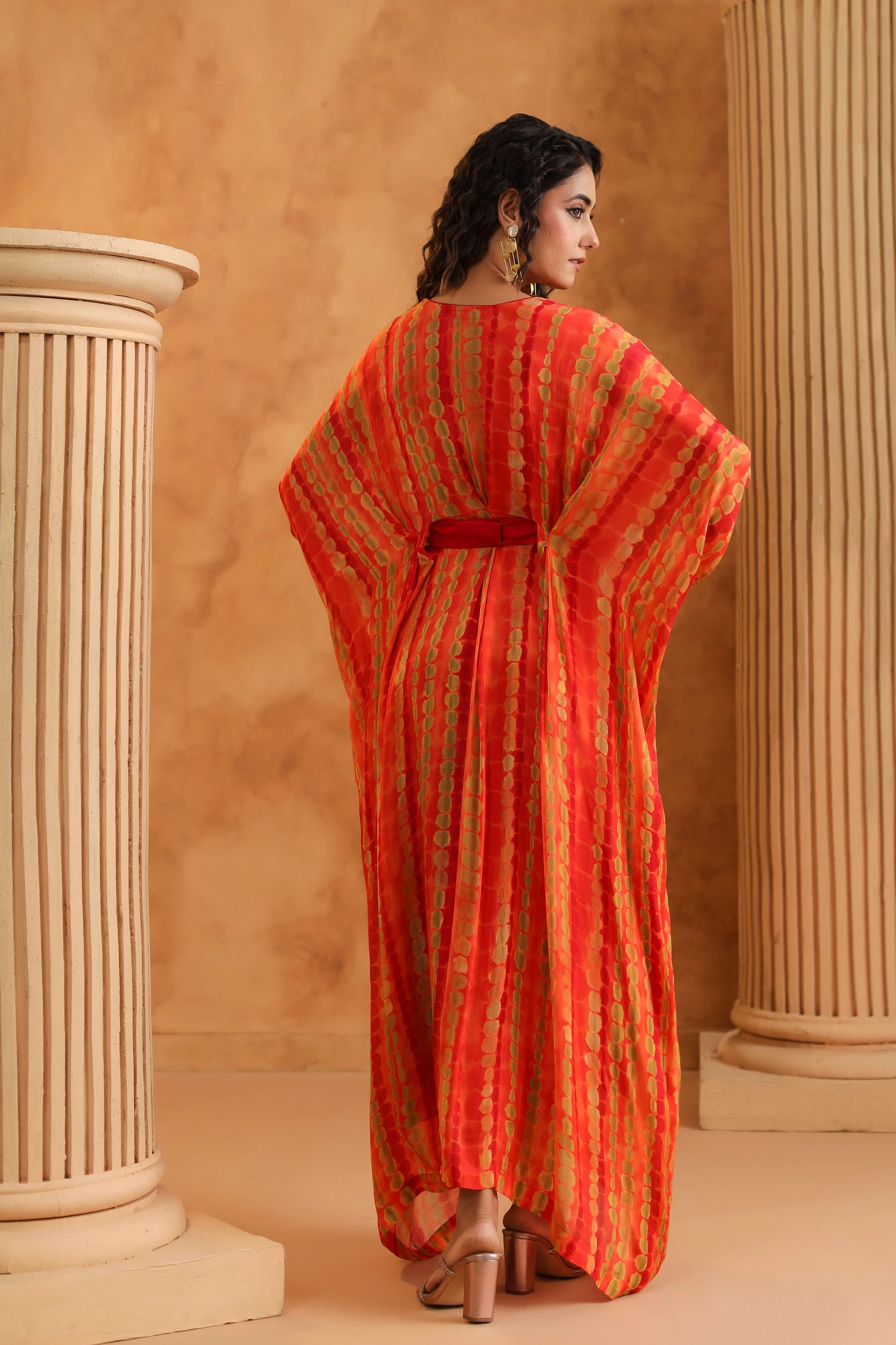Orange Printed Chinon Silk Kaftan Style Dress - Image 5