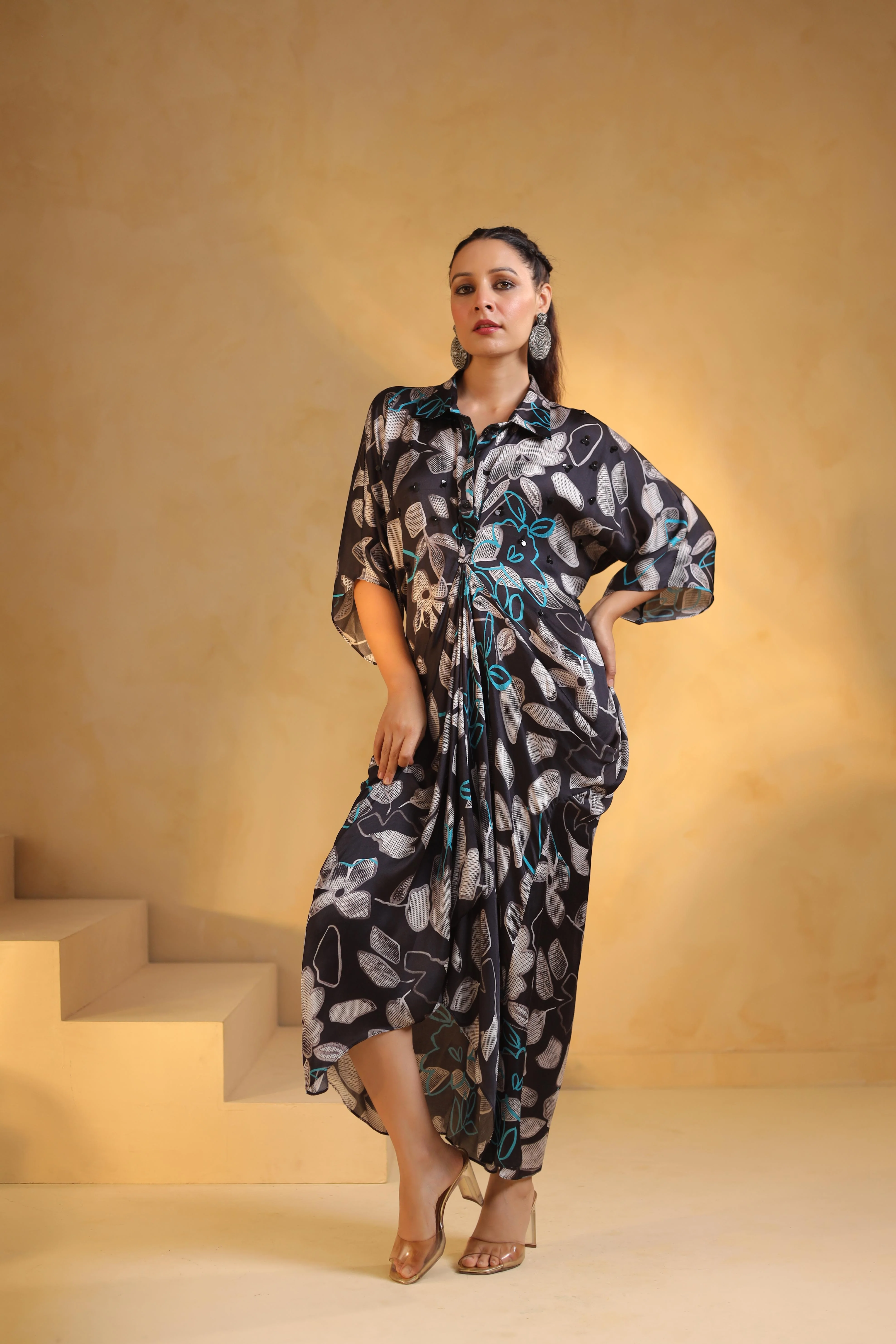 Dark Grey Printed Satin Dress - Image 3