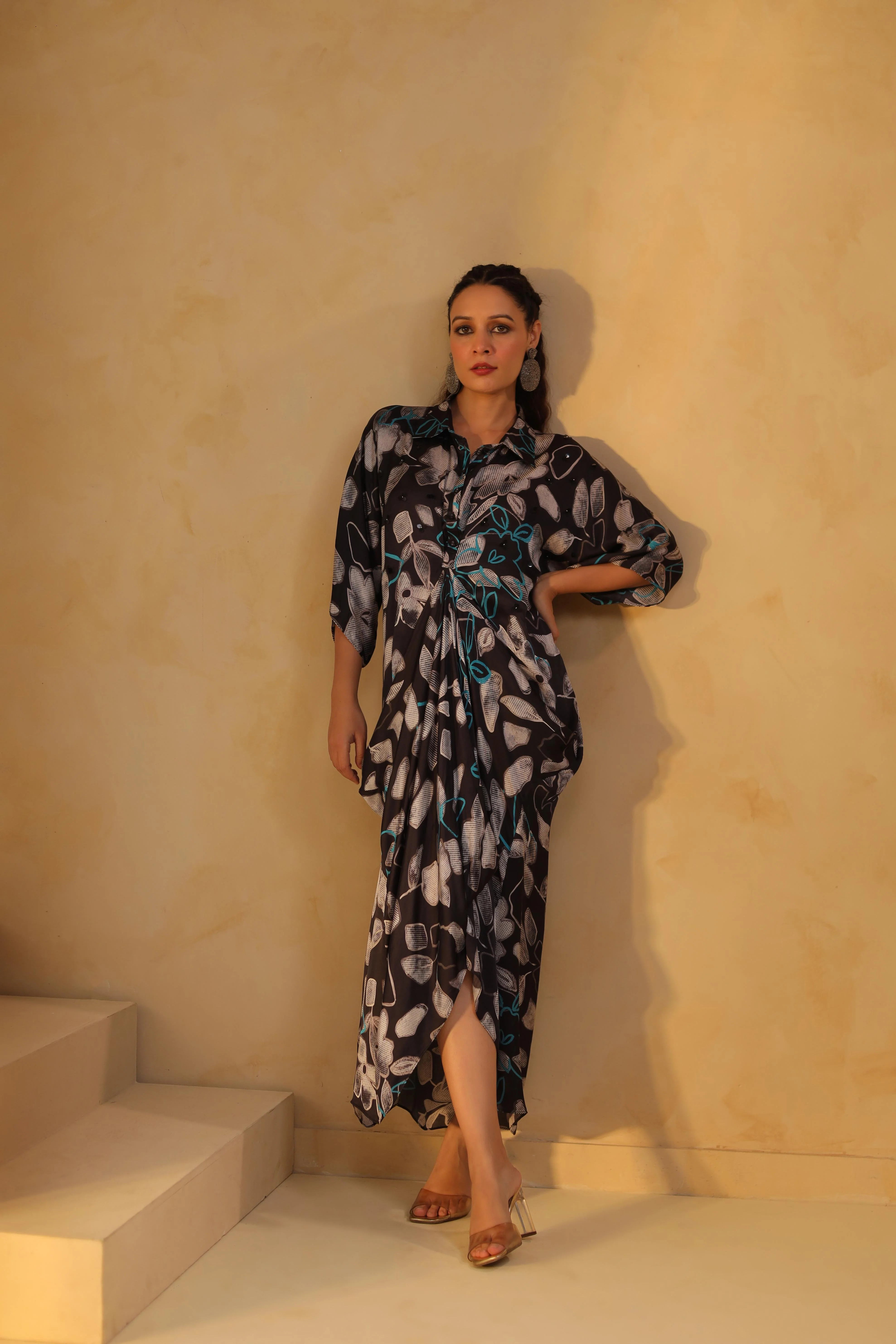 Dark Grey Printed Satin Dress - Image 4
