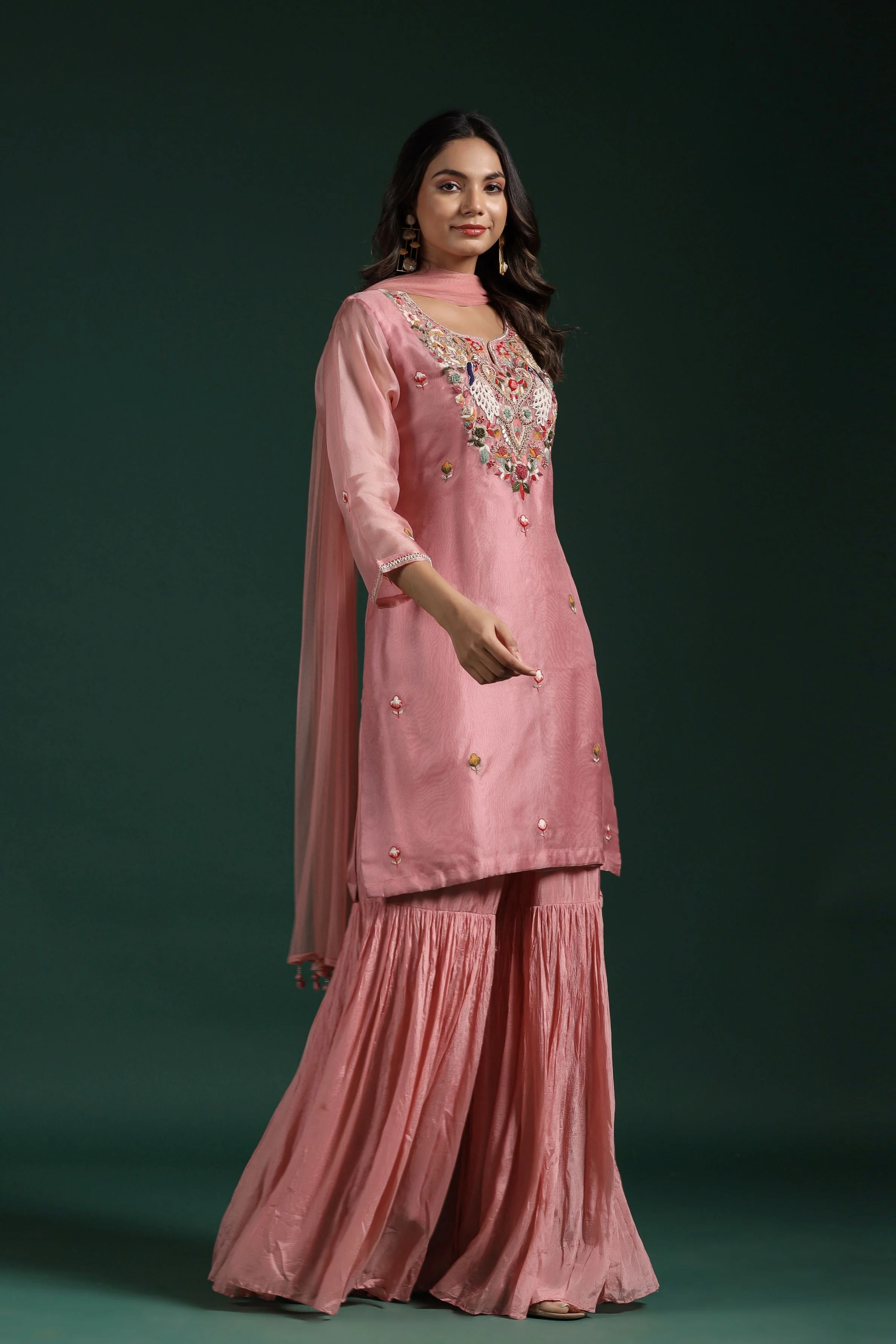 Pale Pink Embellished Premium Organza Silk Sharara Set - Image 3