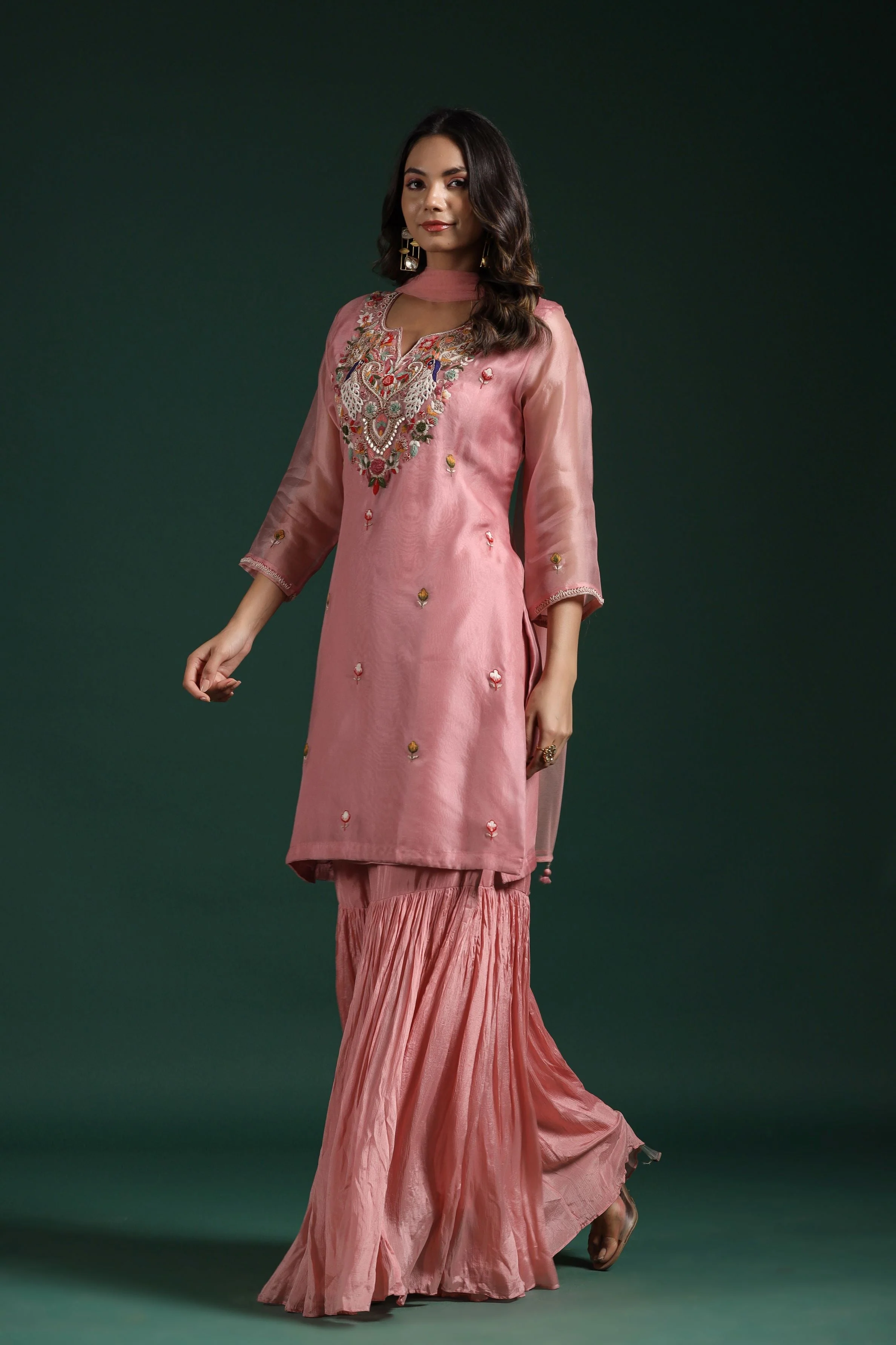 Pale Pink Embellished Premium Organza Silk Sharara Set - Image 4