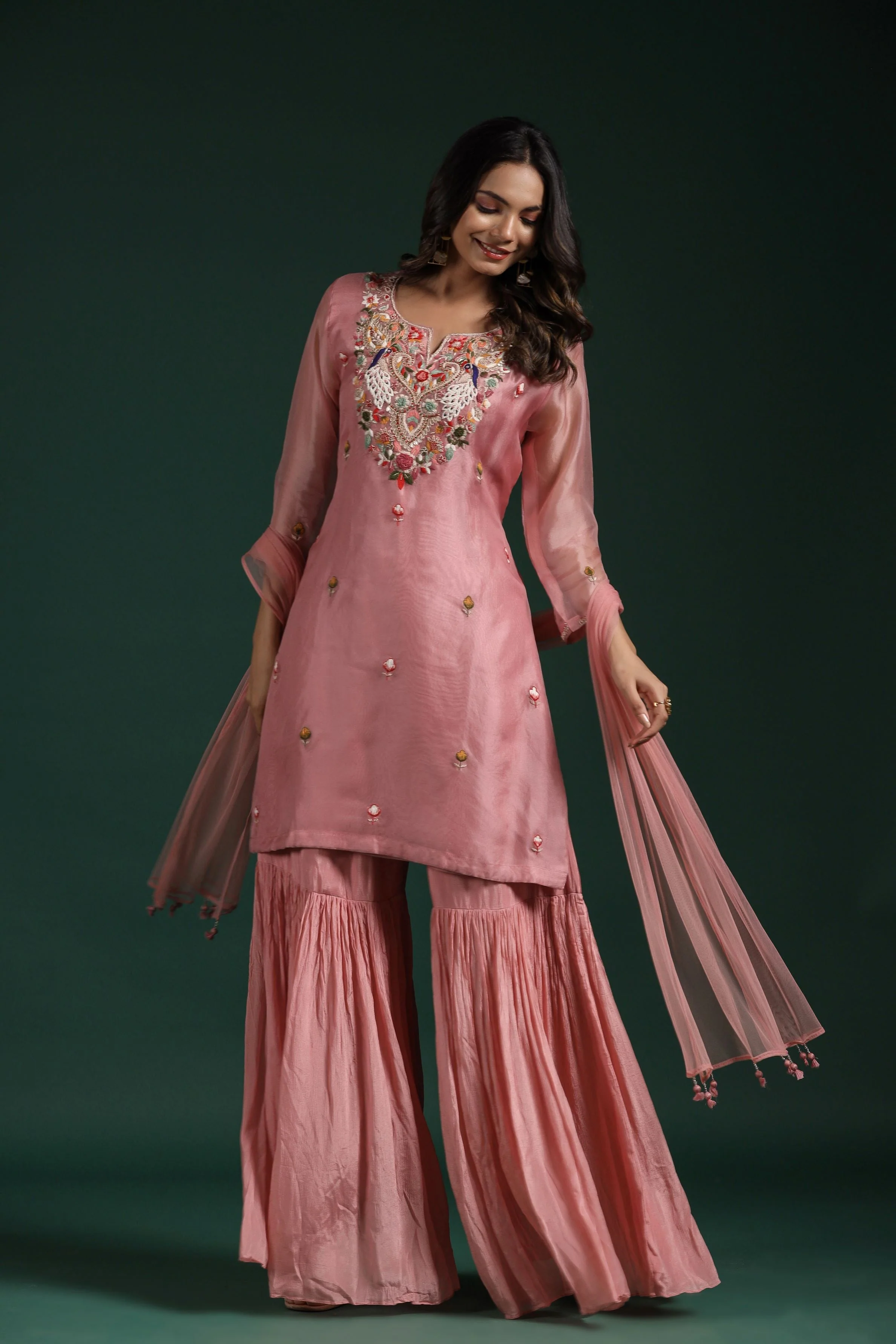Pale Pink Embellished Premium Organza Silk Sharara Set - Image 6