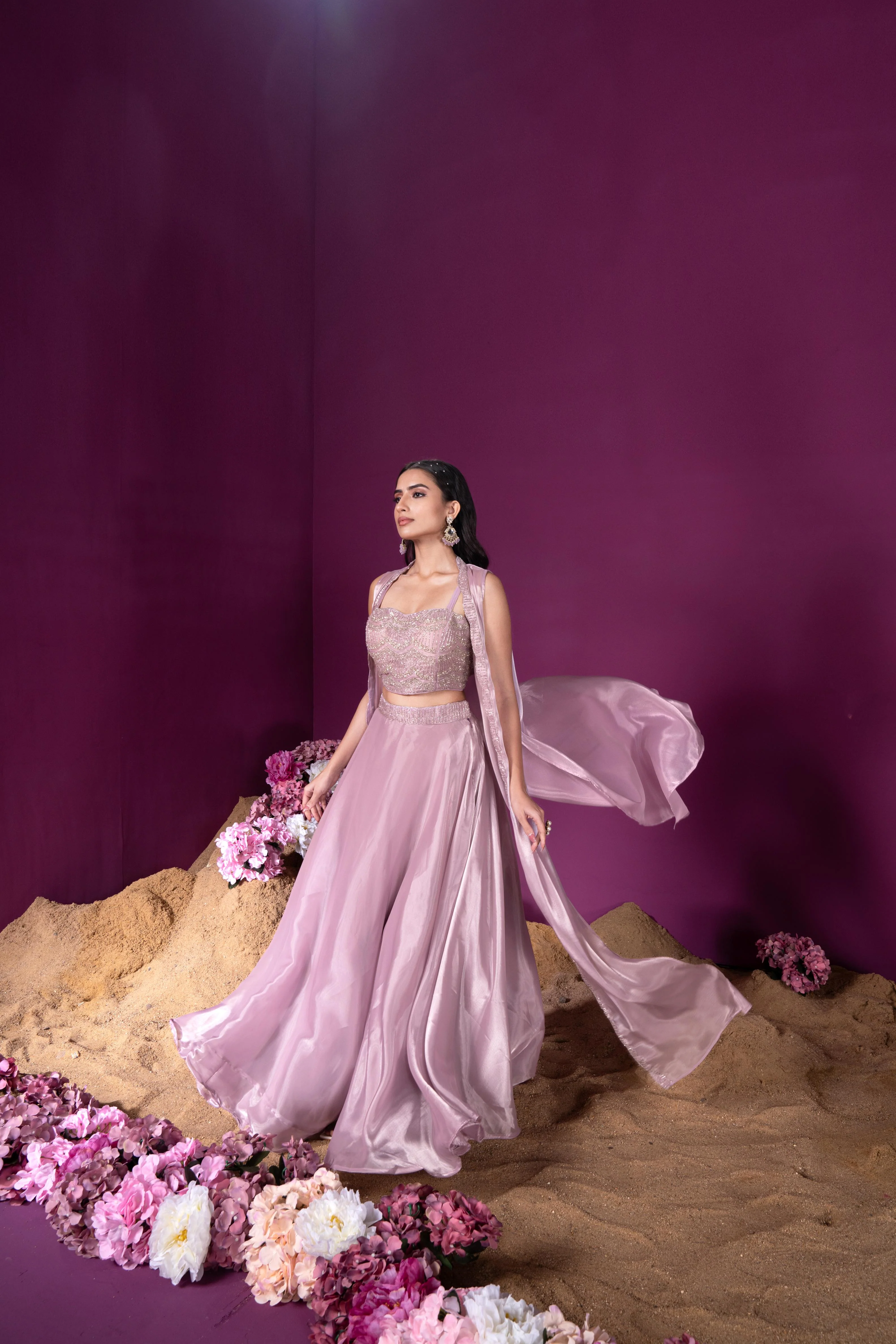 Pale Pink Embellished Shimmer Organza Silk Lehenga Cape Set - Image 3
