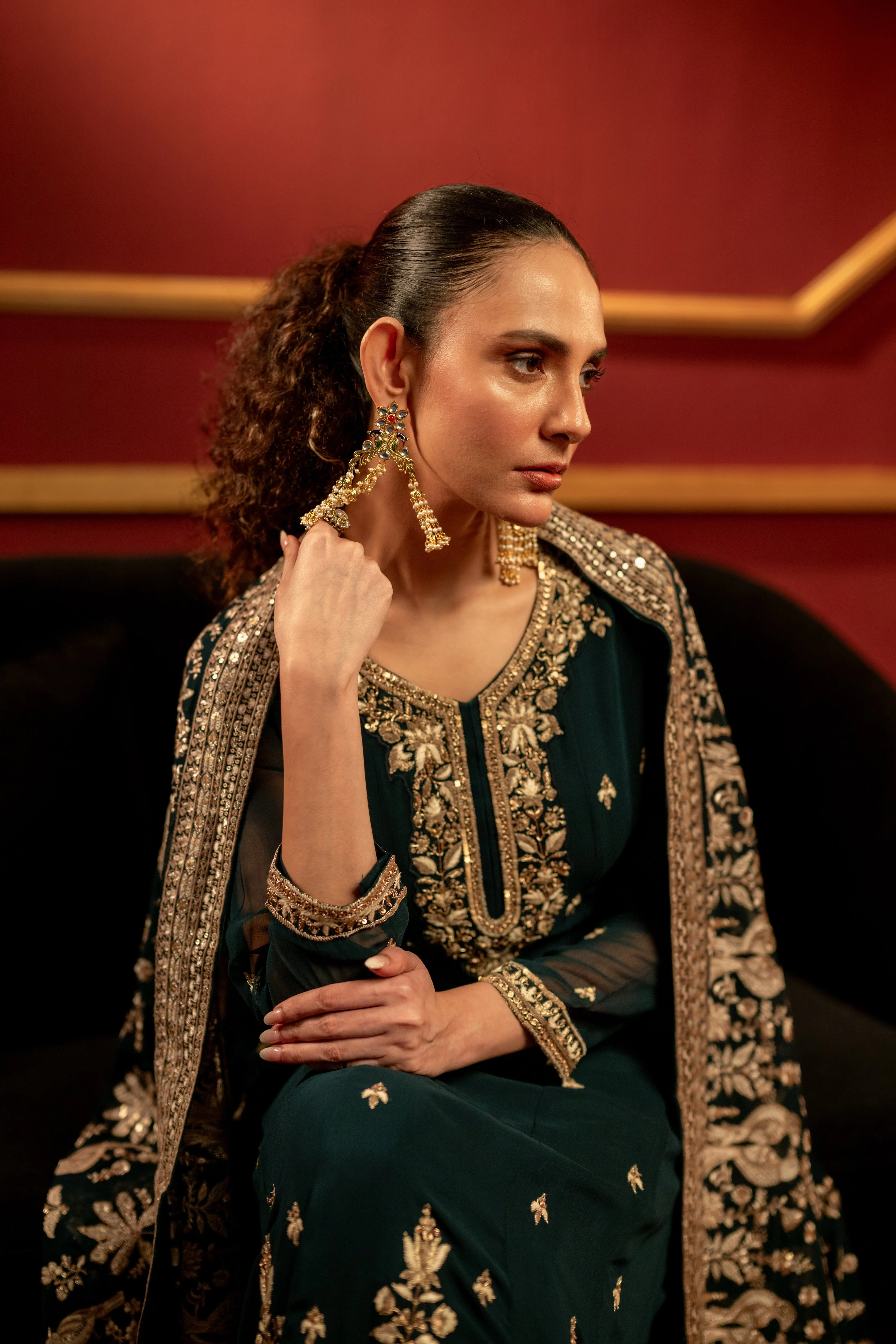 Bottle Green Embellished Chinon Silk Anarkali Set - Image 2