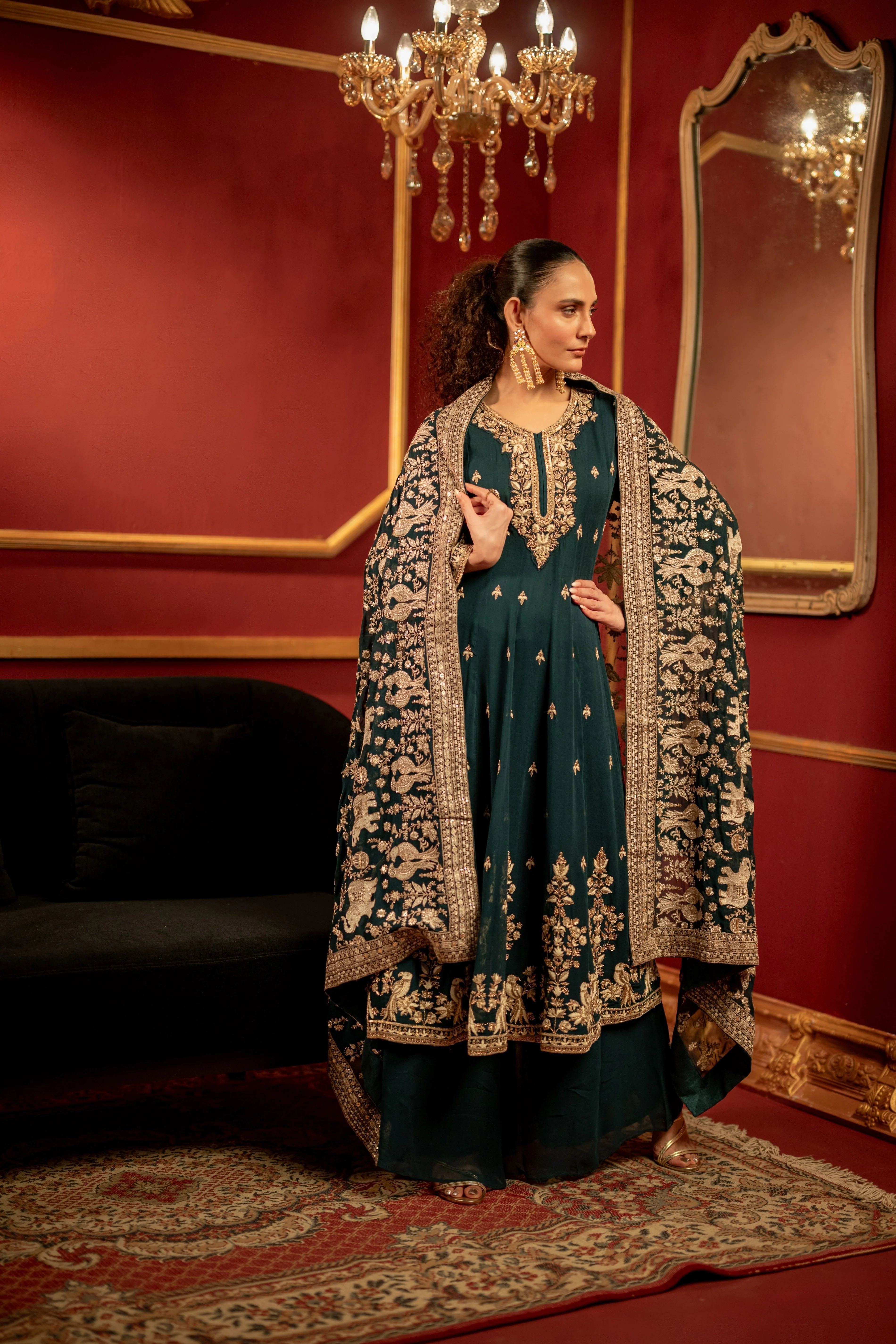 Bottle Green Embellished Chinon Silk Anarkali Set - Image 3