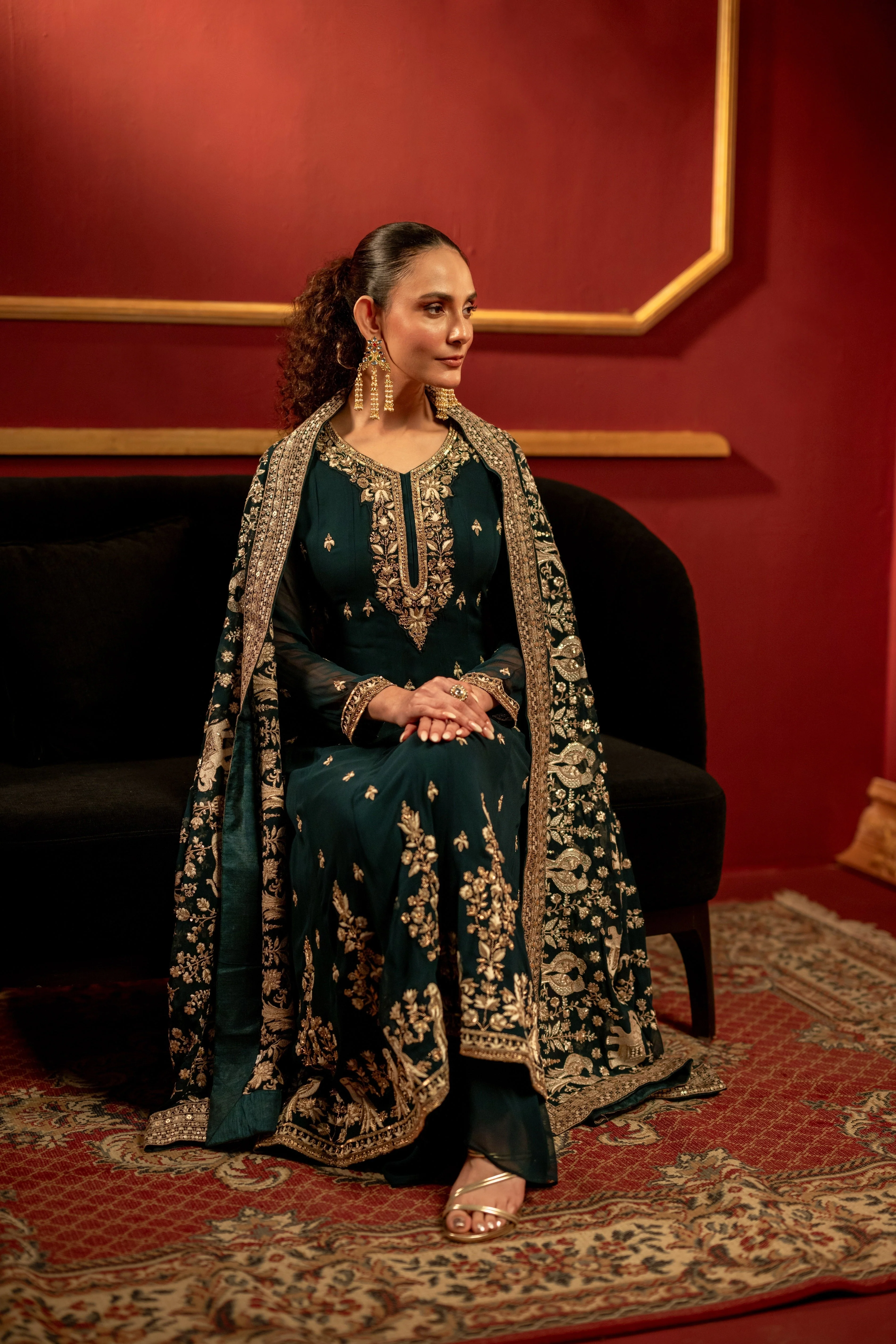 Bottle Green Embellished Chinon Silk Anarkali Set - Image 4